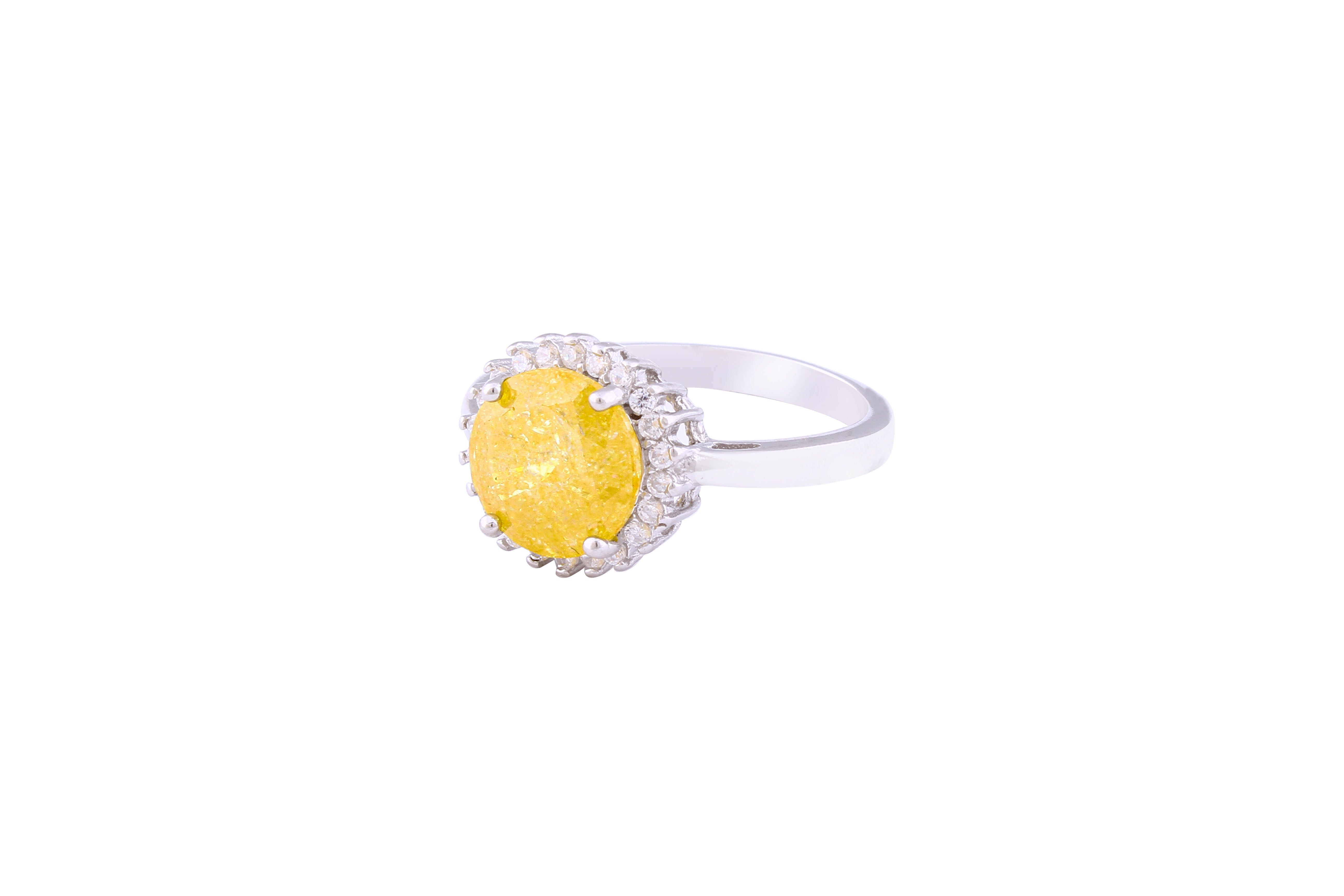 Asfour Crystal Halo Ring With Yellow Round Design In 925 Sterling Silver-RD0096-Y-A-8