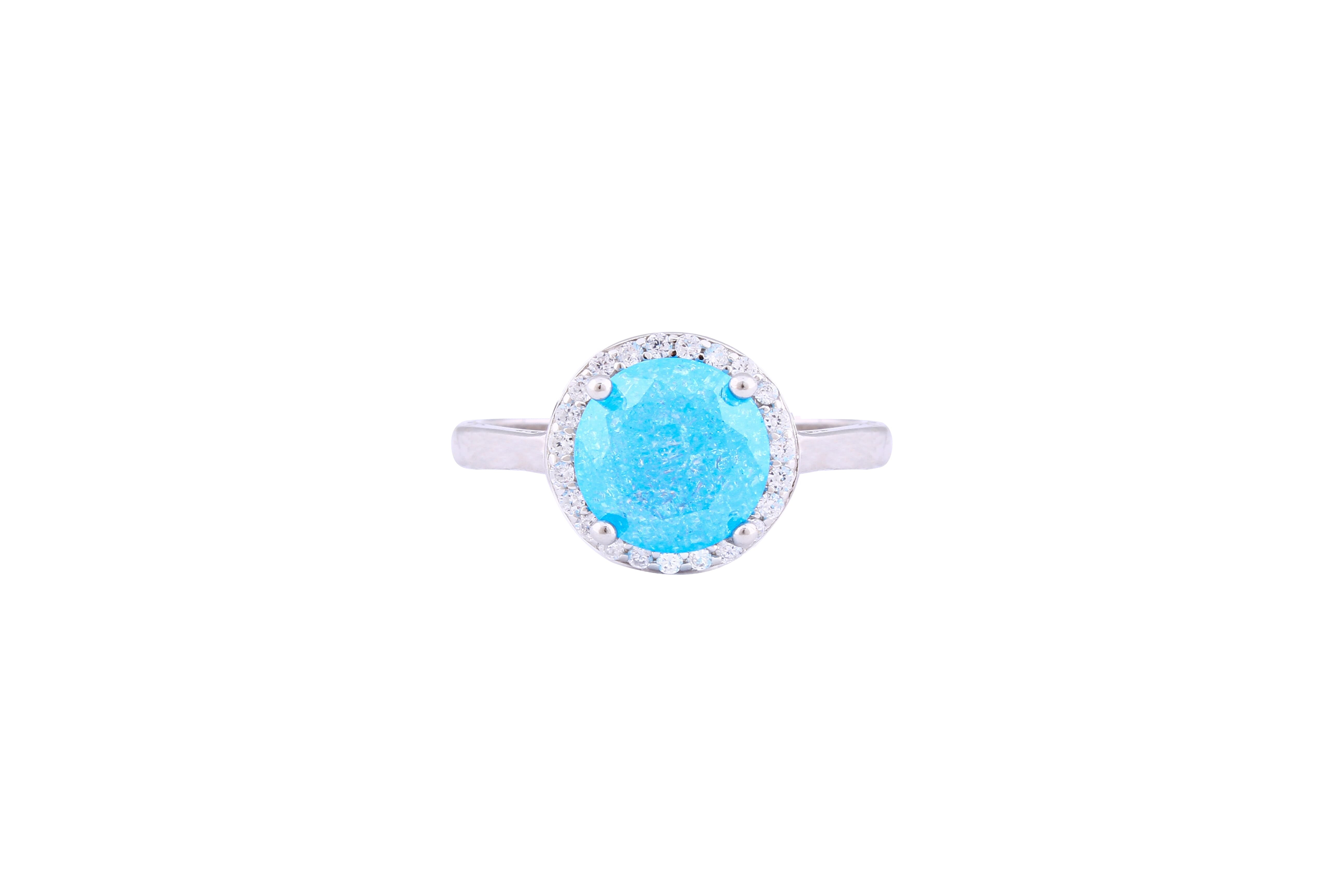 Asfour Crystal Halo Ring With Aquamarine Opal Stone In 925 Sterling Silver-RD0097-M-A-8