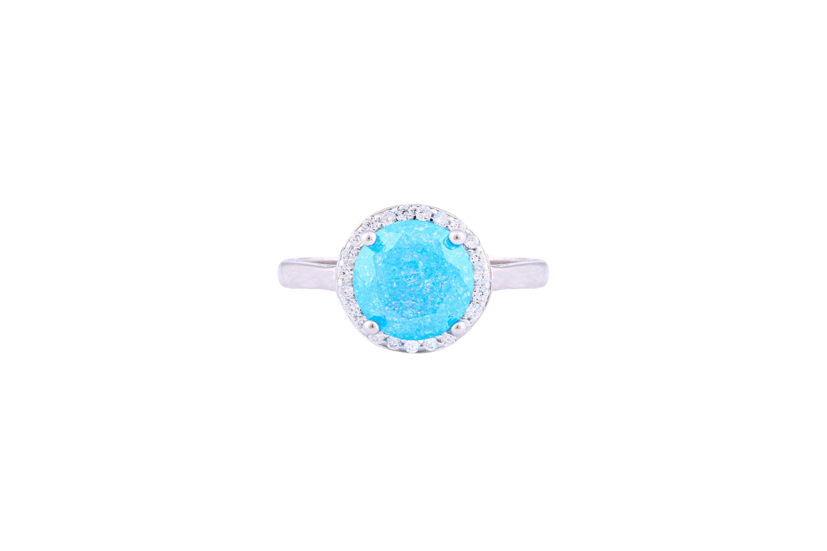 Asfour Crystal Halo Ring With Aquamarine Opal Stone In 925 Sterling Silver-RD0097-M-A-9