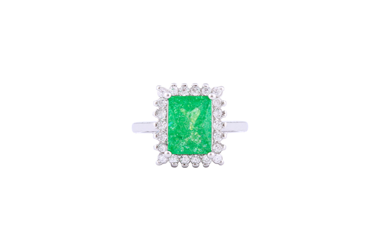 Asfour Crystal Halo Ring With Emerald Opal Stone Inlaid With Zircon In 925 Sterling Silver-RD0098-G-A-8