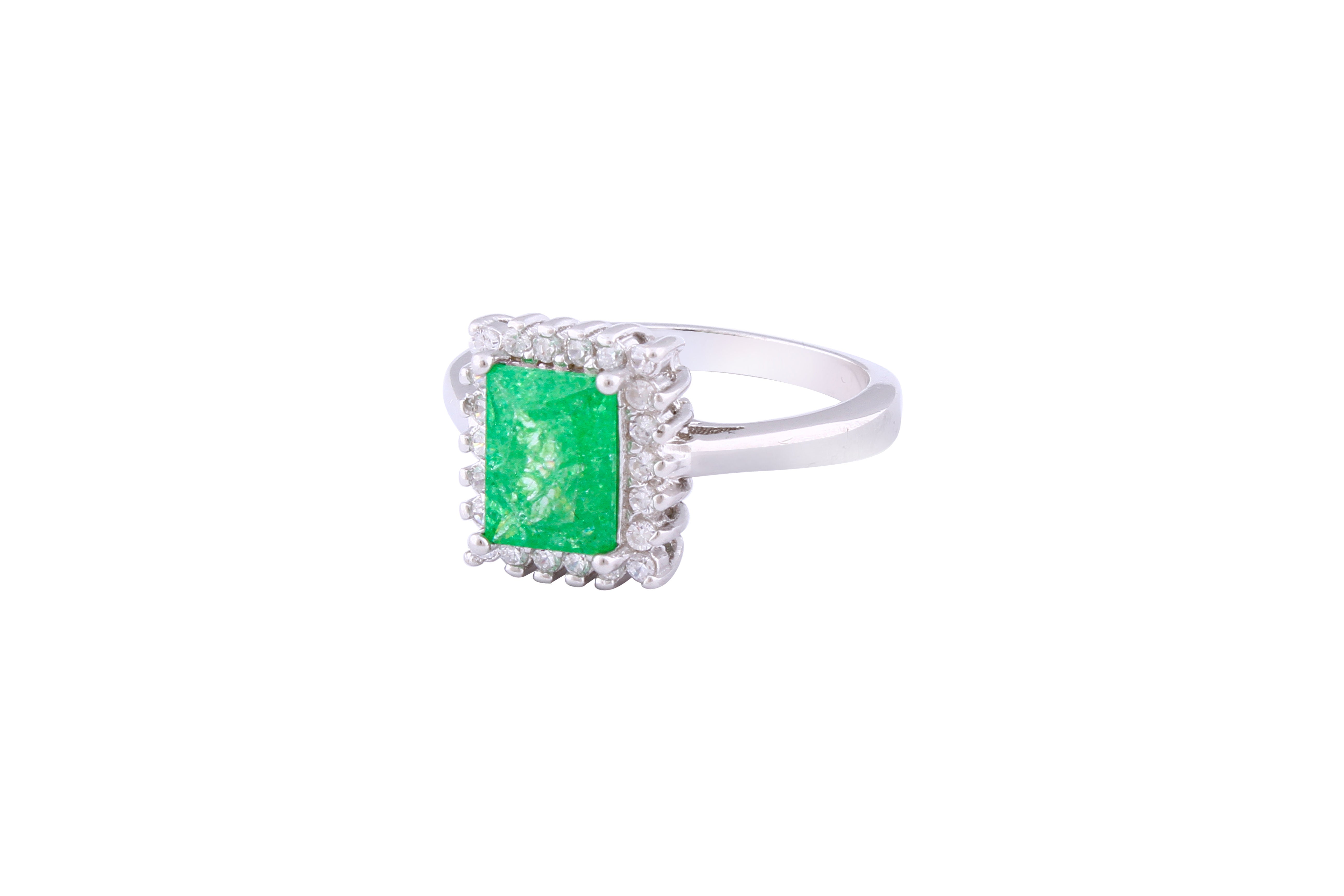 Asfour Crystal Halo Ring With Emerald Opal Stone Inlaid With Zircon In 925 Sterling Silver-RD0098-G-A-8