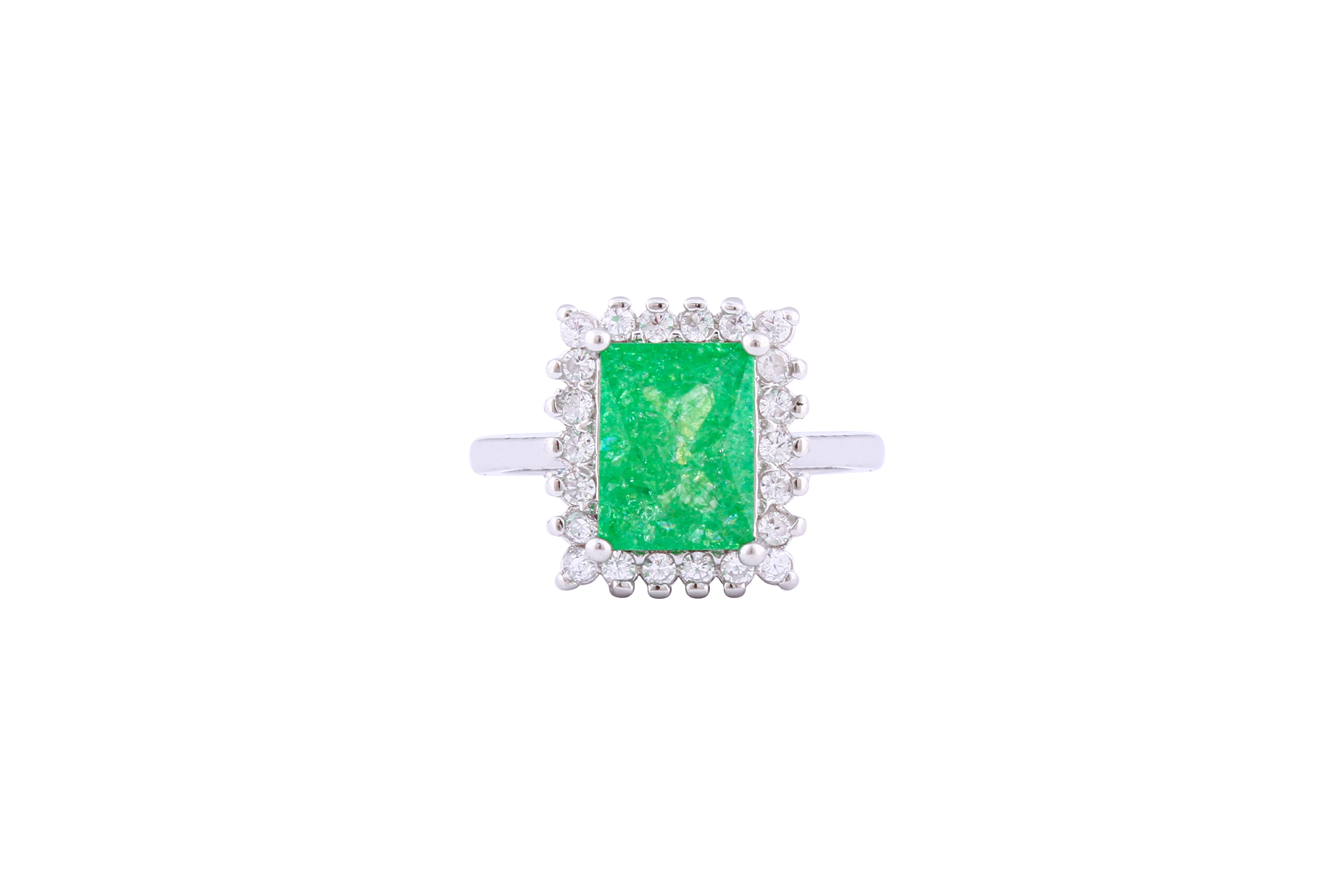 Asfour Crystal Halo Ring With Emerald Opal Stone Inlaid With Zircon In 925 Sterling Silver-RD0098-G-A-9