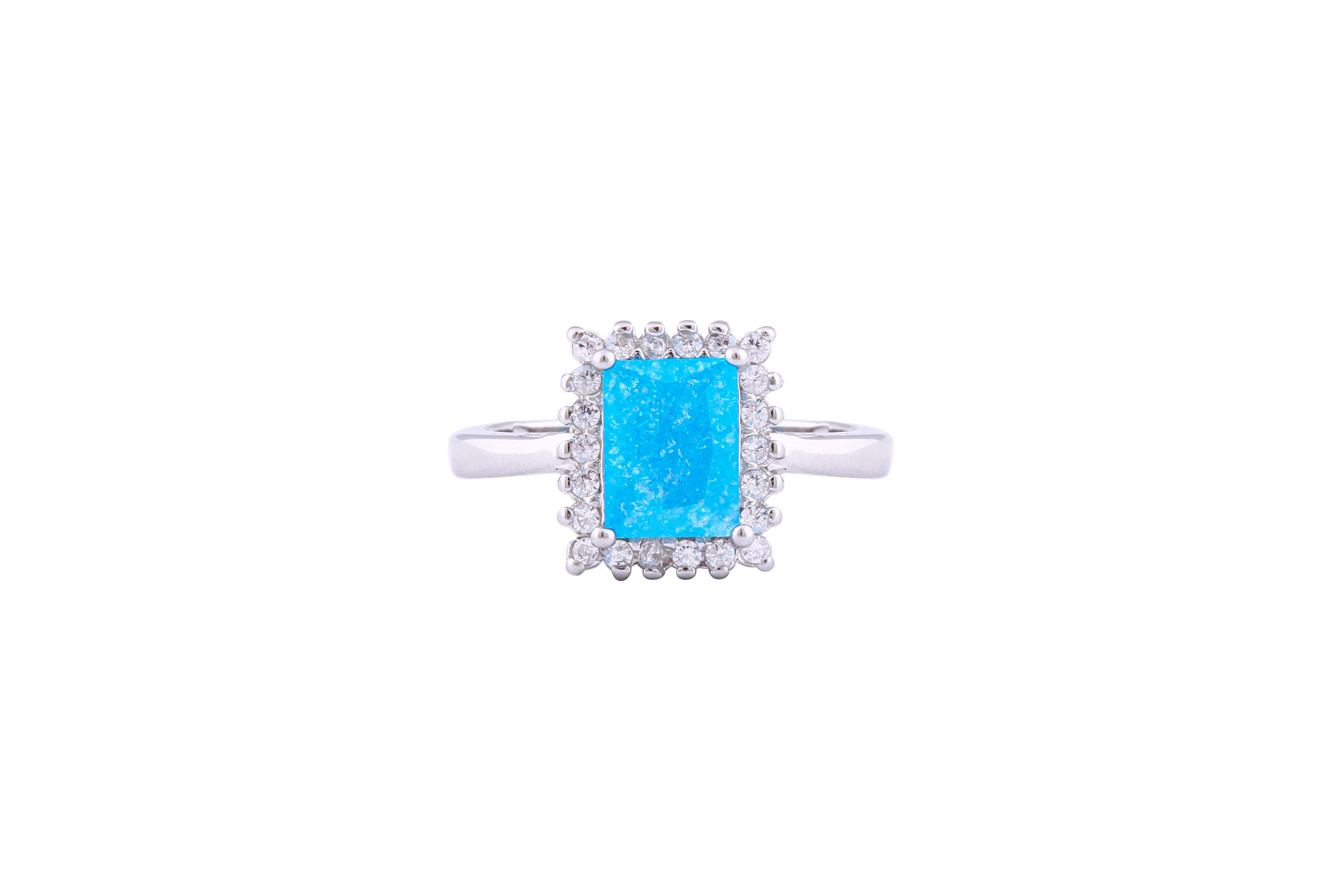 Asfour Crystal Halo Ring With Aquamarine Emerald Cut Opal Stone In 925 Sterling Silver-RD0098-M-A-8