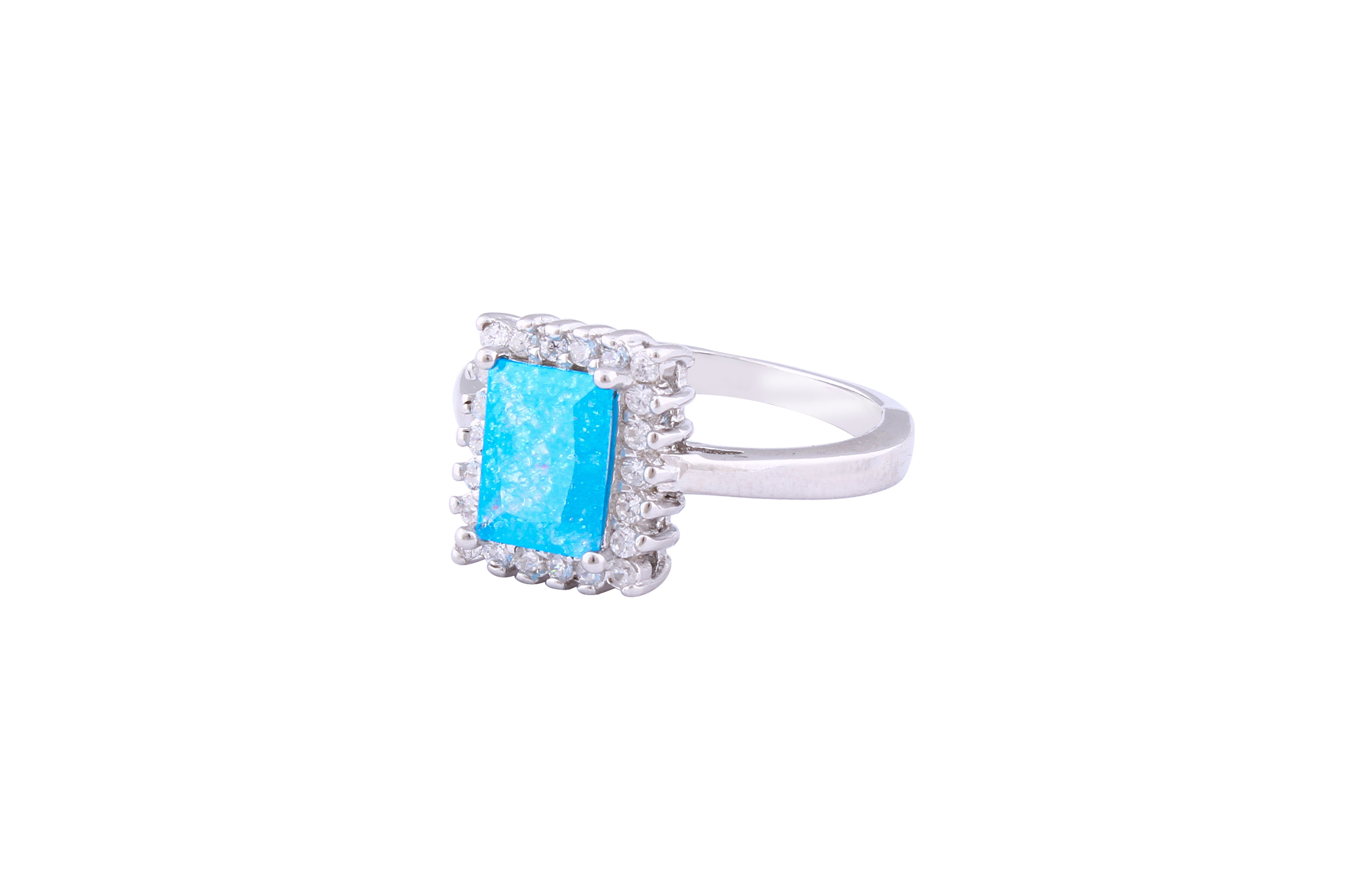 Asfour Crystal Halo Ring With Aquamarine Emerald Cut Opal Stone In 925 Sterling Silver-RD0098-M-A-8