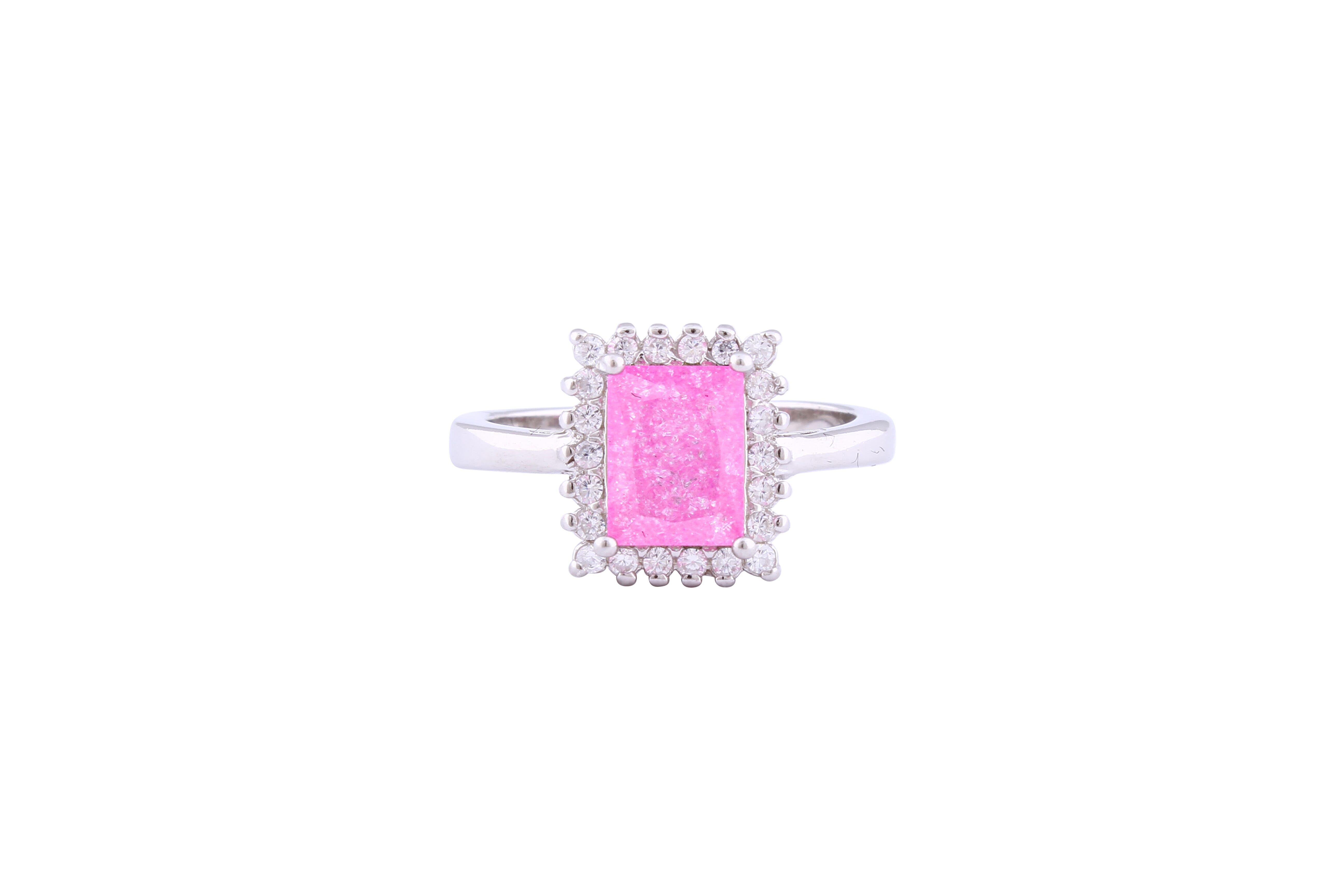 Asfour Crystal Halo Ring With Rose Emerald Cut Opal Stone In 925 Sterling Silver-RD0098-O-A-8