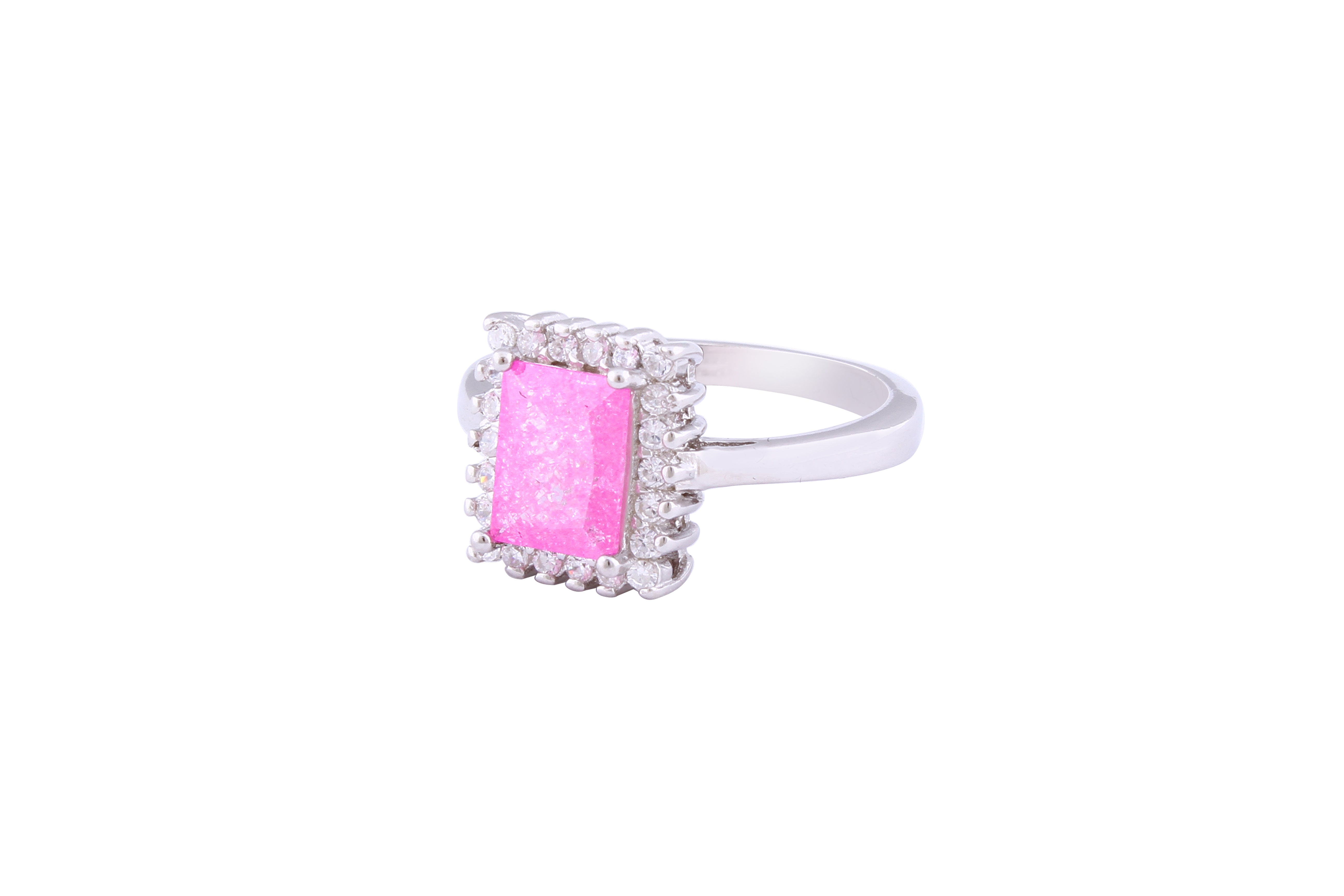 Asfour Crystal Halo Ring With Rose Emerald Cut Opal Stone In 925 Sterling Silver-RD0098-O-A-8