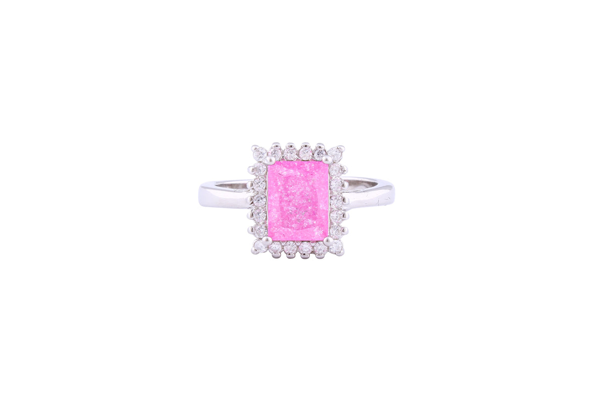 Asfour Crystal Halo Ring With Rose Emerald Cut Opal Stone In 925 Sterling Silver-RD0098-O-A-9