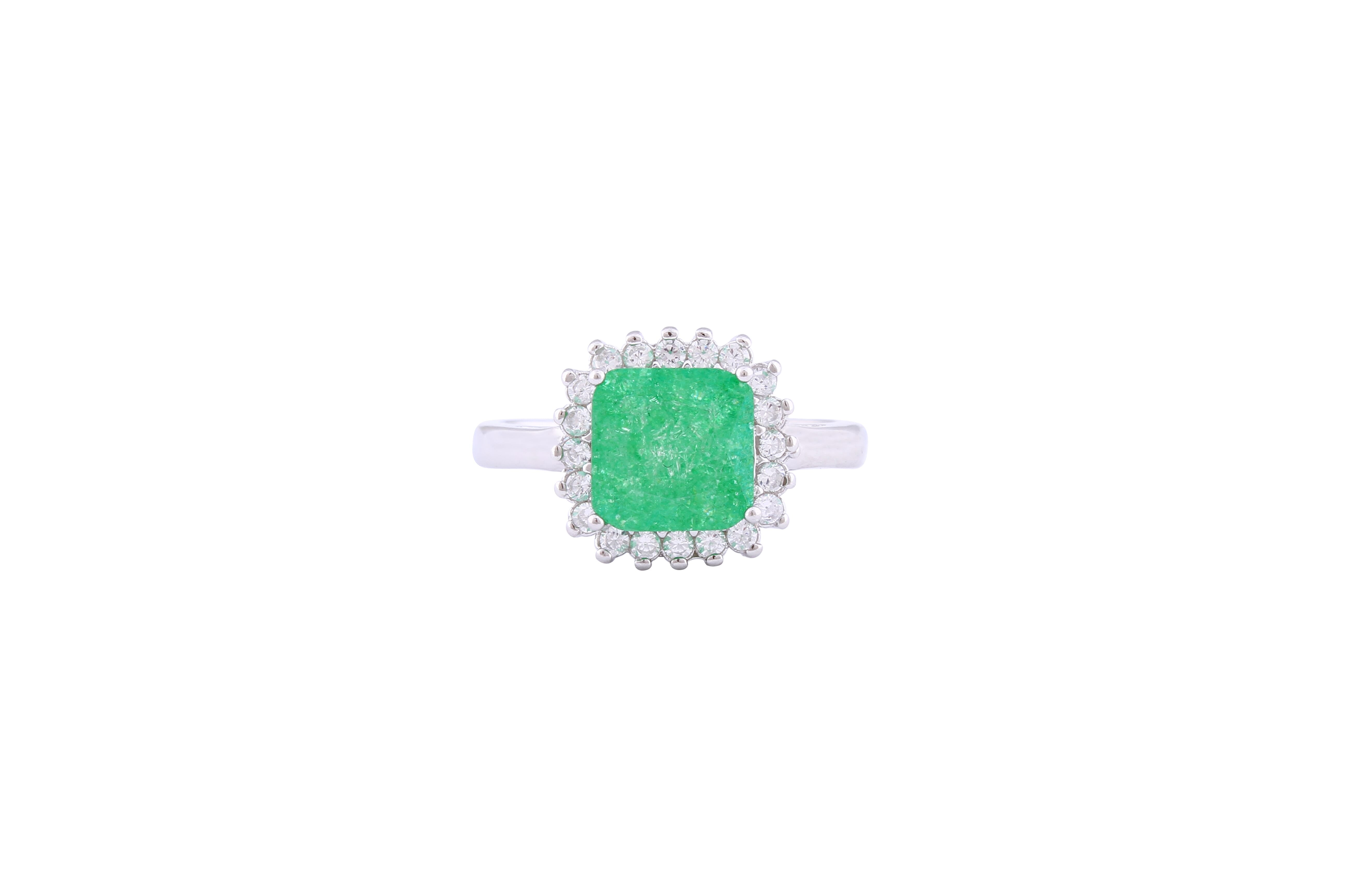 Asfour Crystal Halo Ring With Emerald Opal Stone In 925 Sterling Silver-RD0099-G-A-8