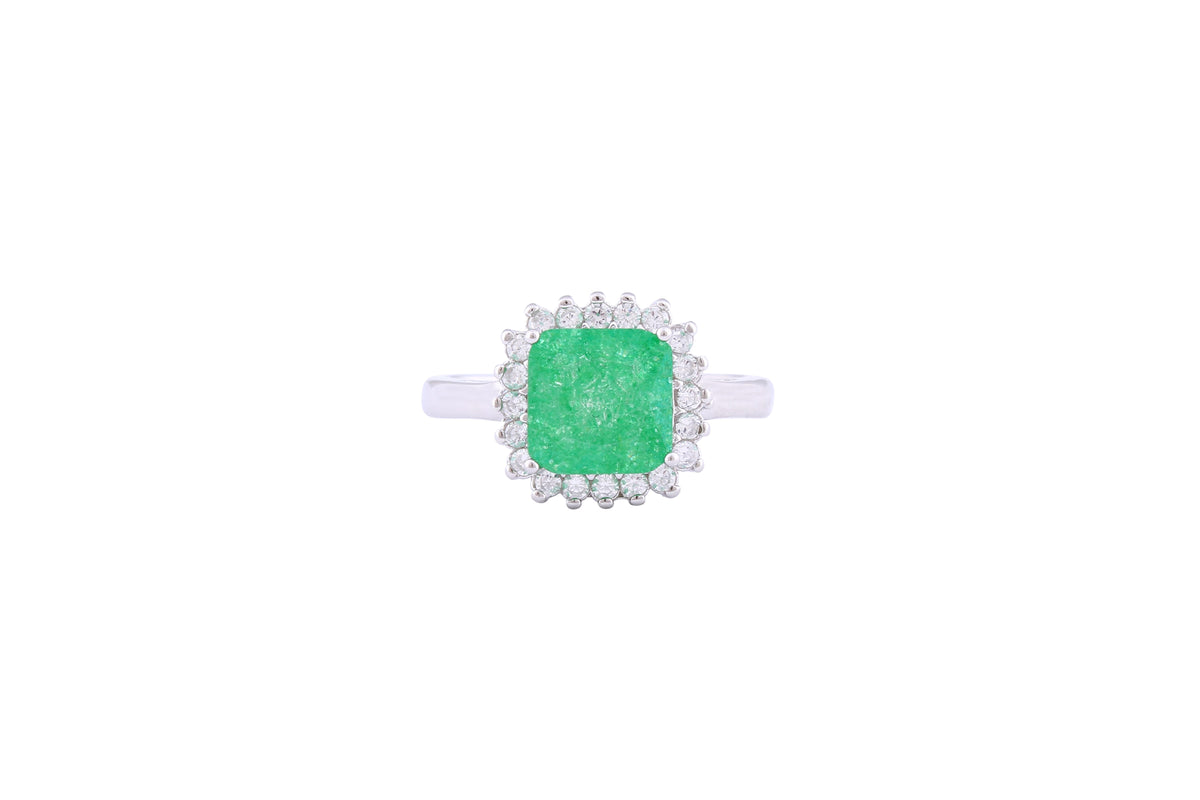 Asfour Crystal Halo Ring With Emerald Opal Stone In 925 Sterling Silver-RD0099-G-A-8