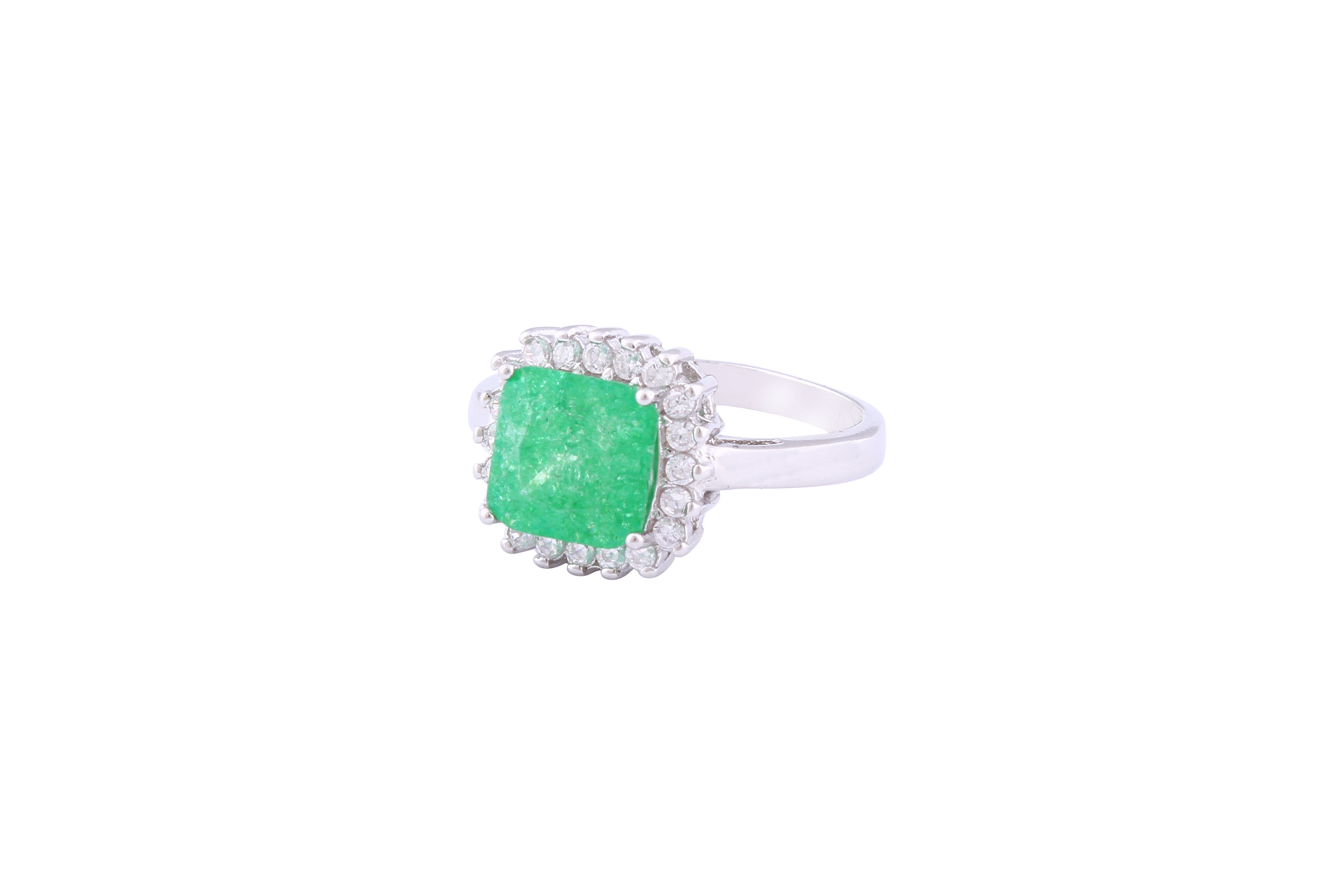 Asfour Crystal Halo Ring With Emerald Opal Stone In 925 Sterling Silver-RD0099-G-A-9