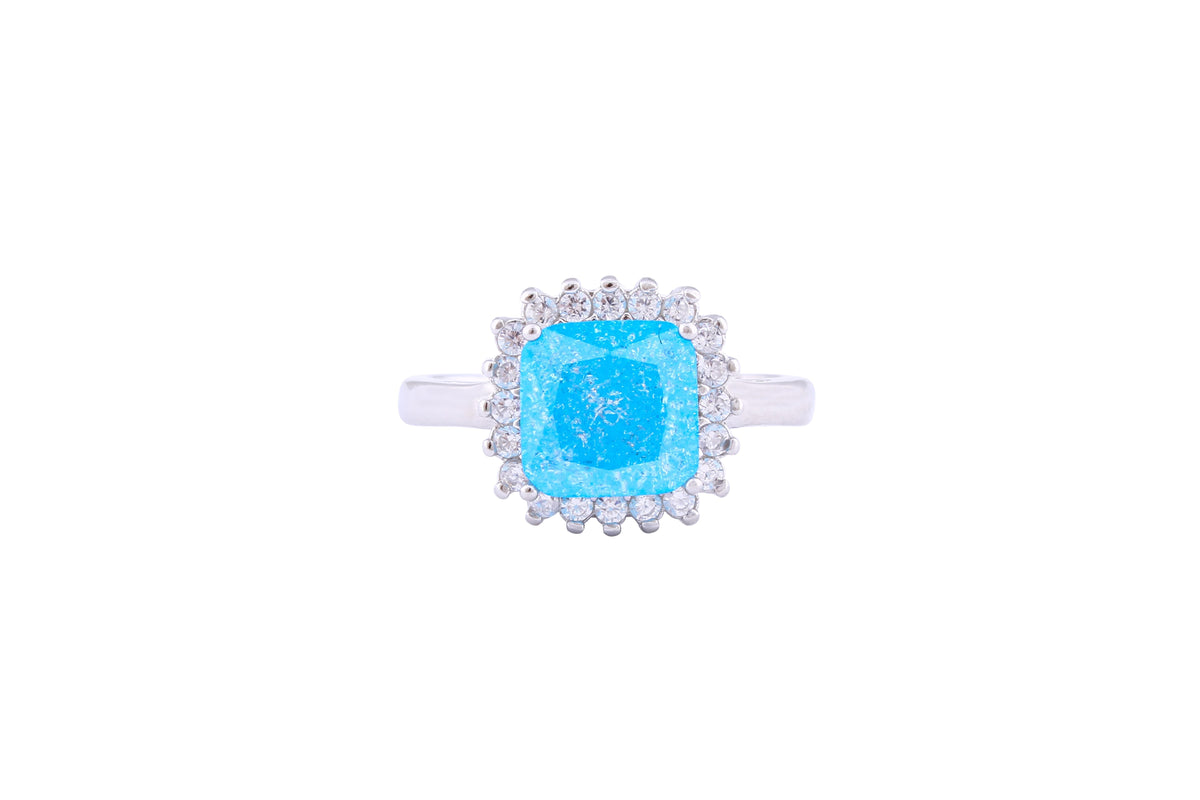 Asfour Crystal Halo Ring With Aquamarine Opal Stone In 925 Sterling Silver-RD0099-M-A-7