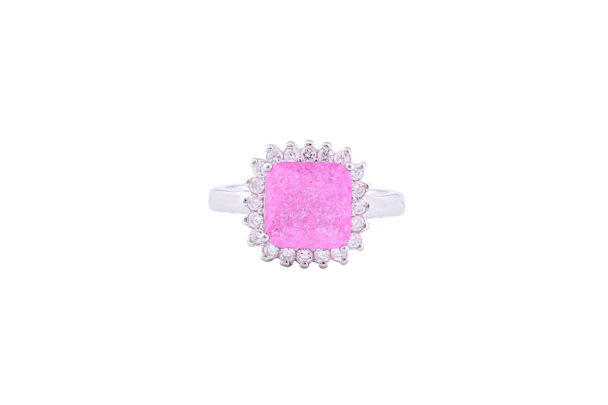 Asfour Crystal Halo Ring With Rose Opal Stone In 925 Sterling Silver-RD0099-O-A-7