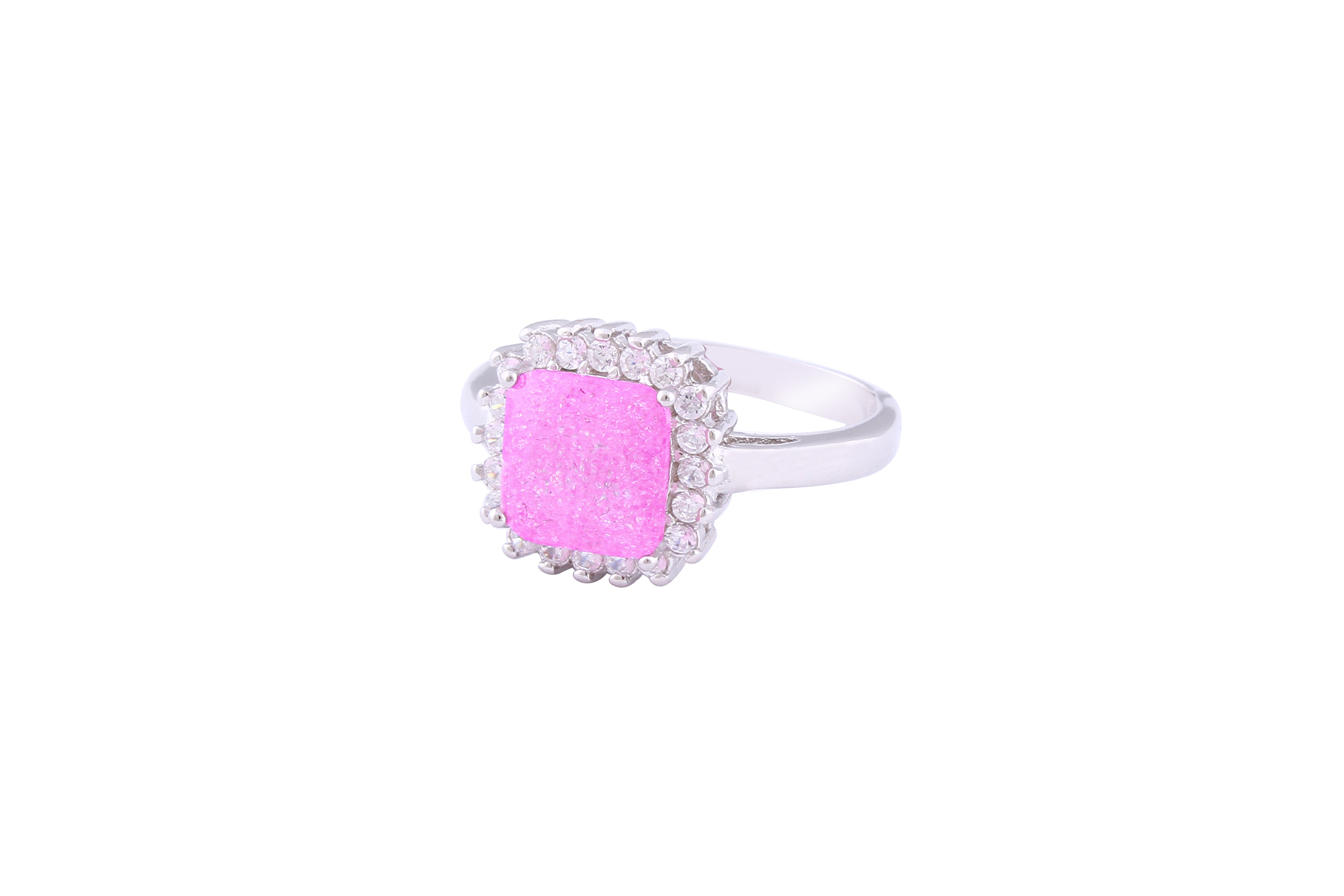 Asfour Crystal Halo Ring With Rose Opal Stone In 925 Sterling Silver-RD0099-O-A-8