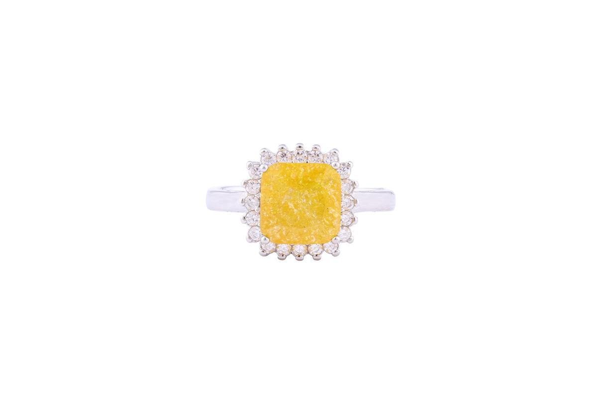 Asfour Crystal Halo Ring With Yellow Opal Stone In 925 Sterling Silver-RD0099-Y-A-7