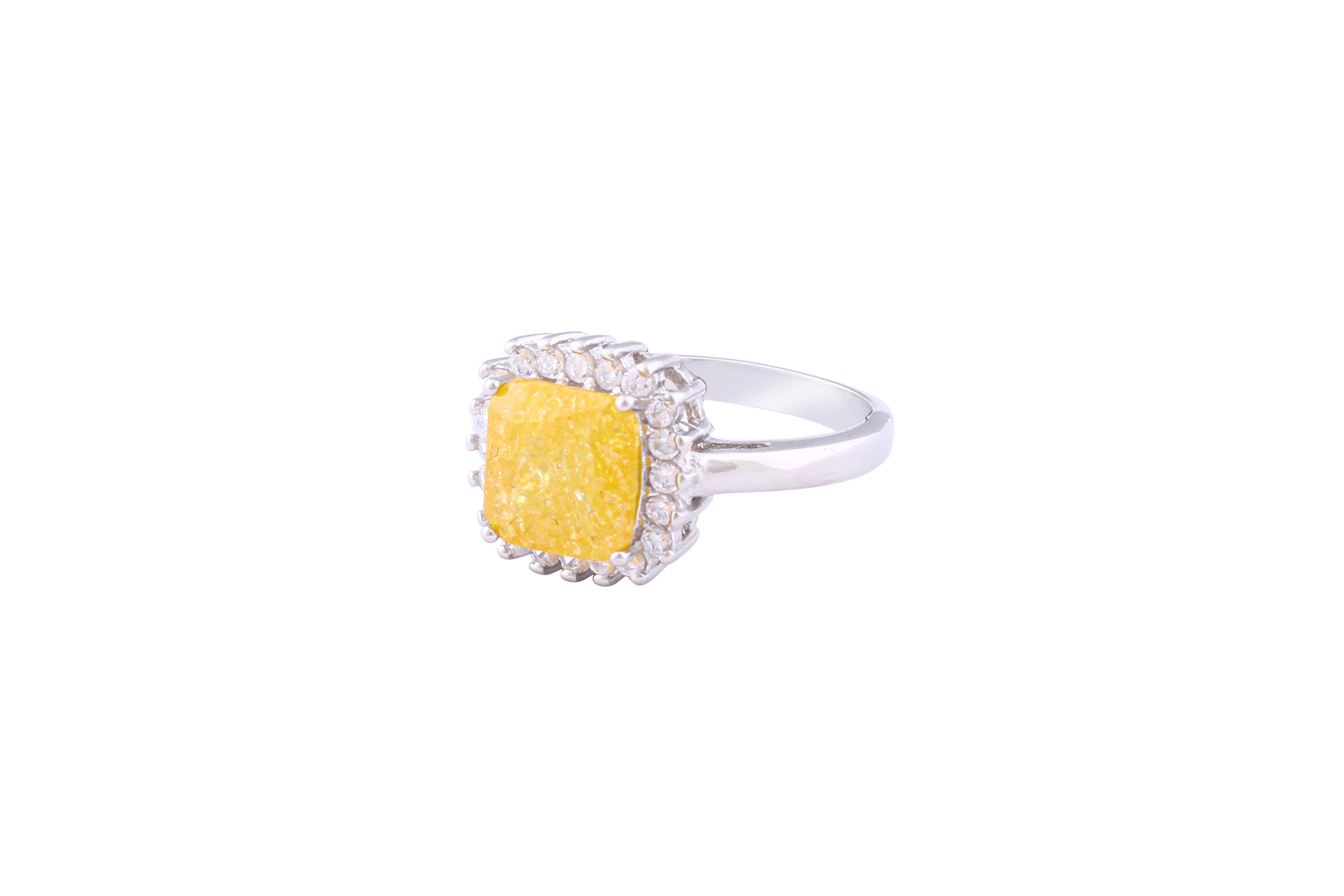 Asfour Crystal Halo Ring With Yellow Opal Stone In 925 Sterling Silver-RD0099-Y-A-7