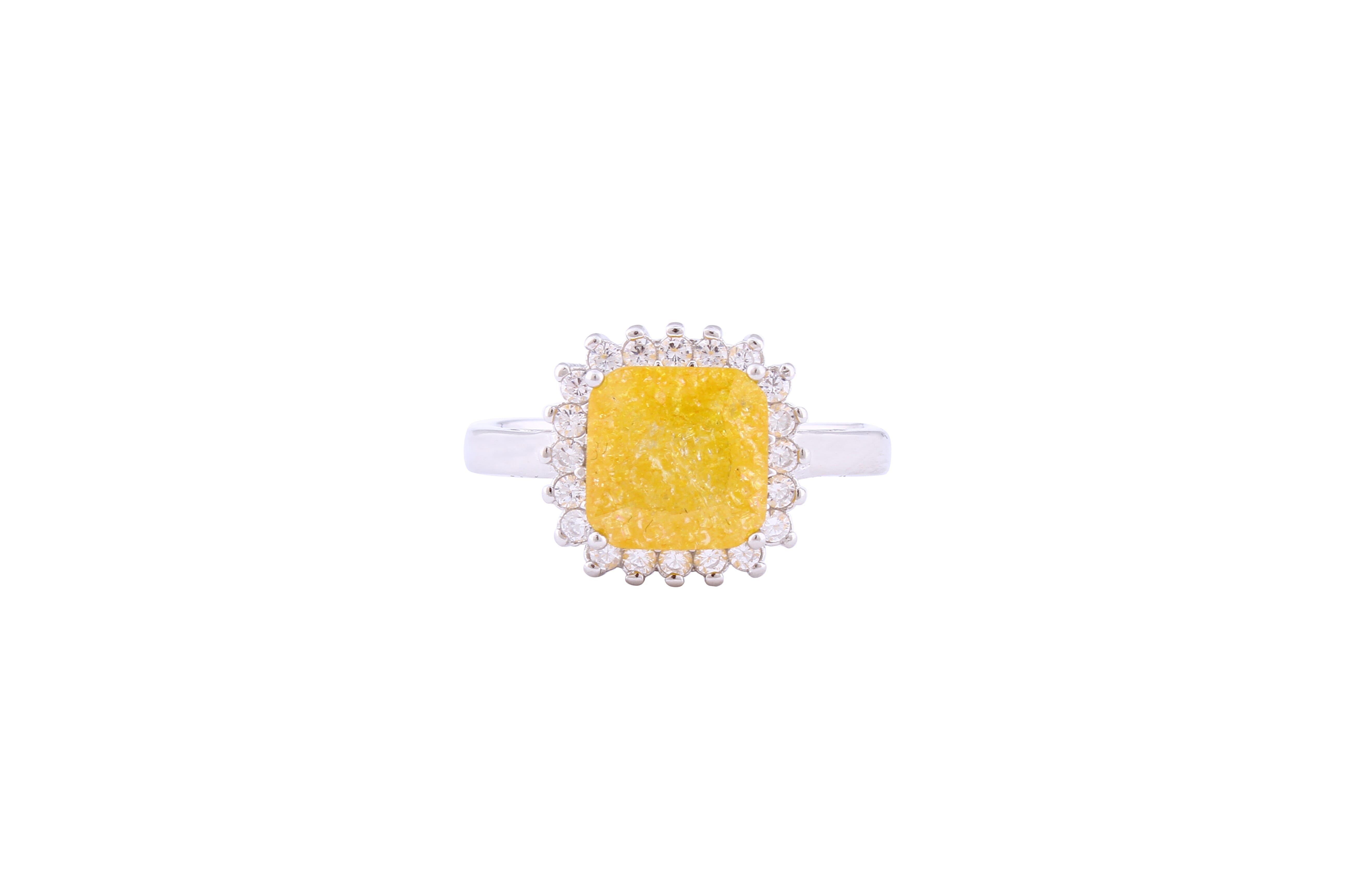 Asfour Crystal Halo Ring With Yellow Opal Stone In 925 Sterling Silver-RD0099-Y-A-8