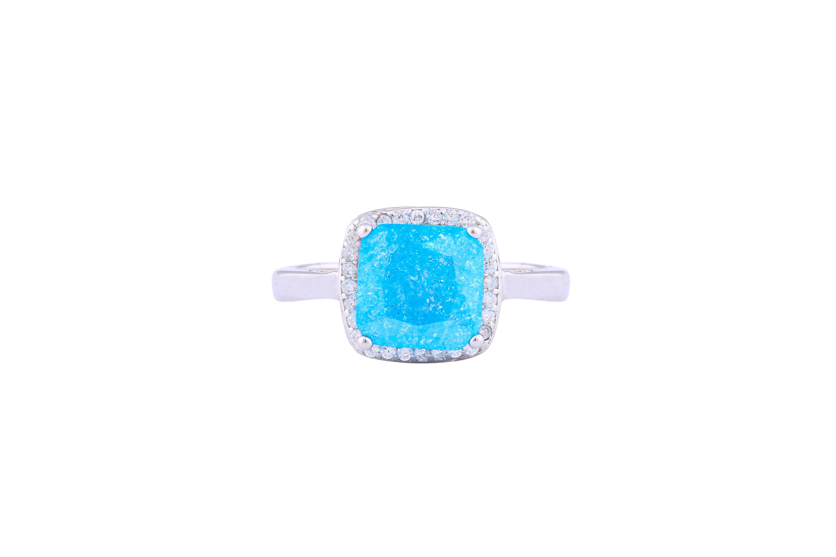 Asfour Crystal Halo Ring With Aquamarine Opal Stone In 925 Sterling Silver-RD0100-M-A-8