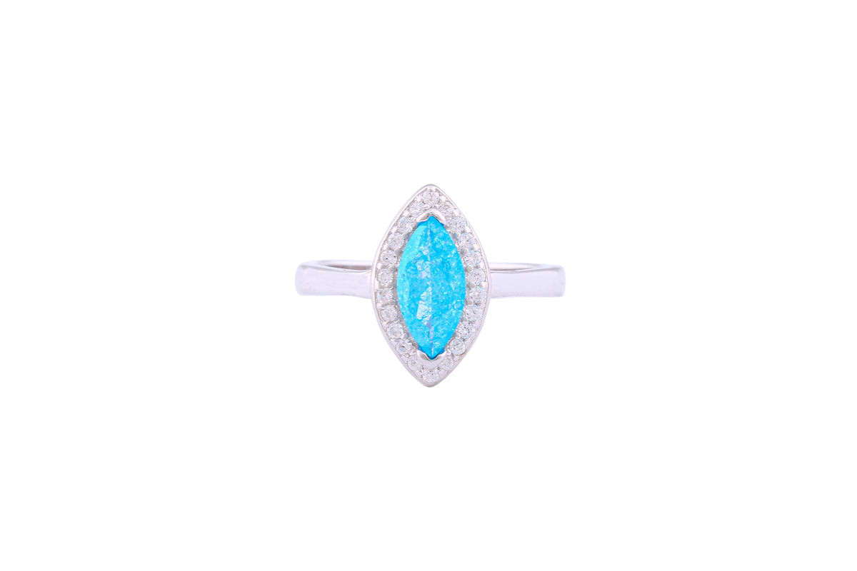 Asfour Crystal Halo Ring With Aquamarine Marquise Cut Opal Stone In 925 Sterling Silver-RD0102-M-A-8