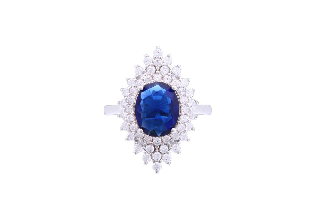 Asfour Crystal Cluster Ring With Blue Oval Design In 925 Sterling Silver RD0121-WB-7