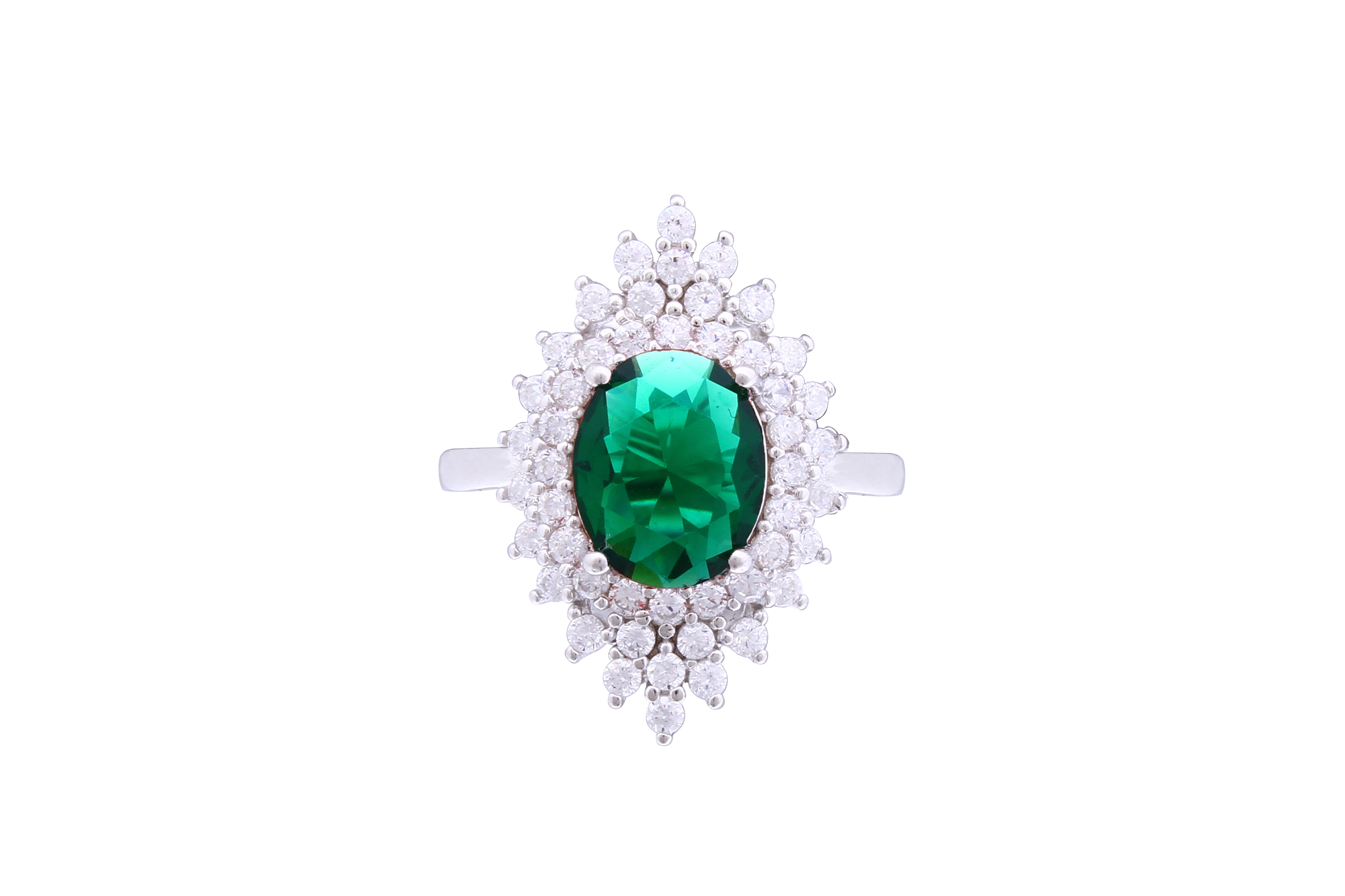 Asfour Crystal Cluster Ring With Emerald Oval Design In 925 Sterling Silver RD0121-WG-7