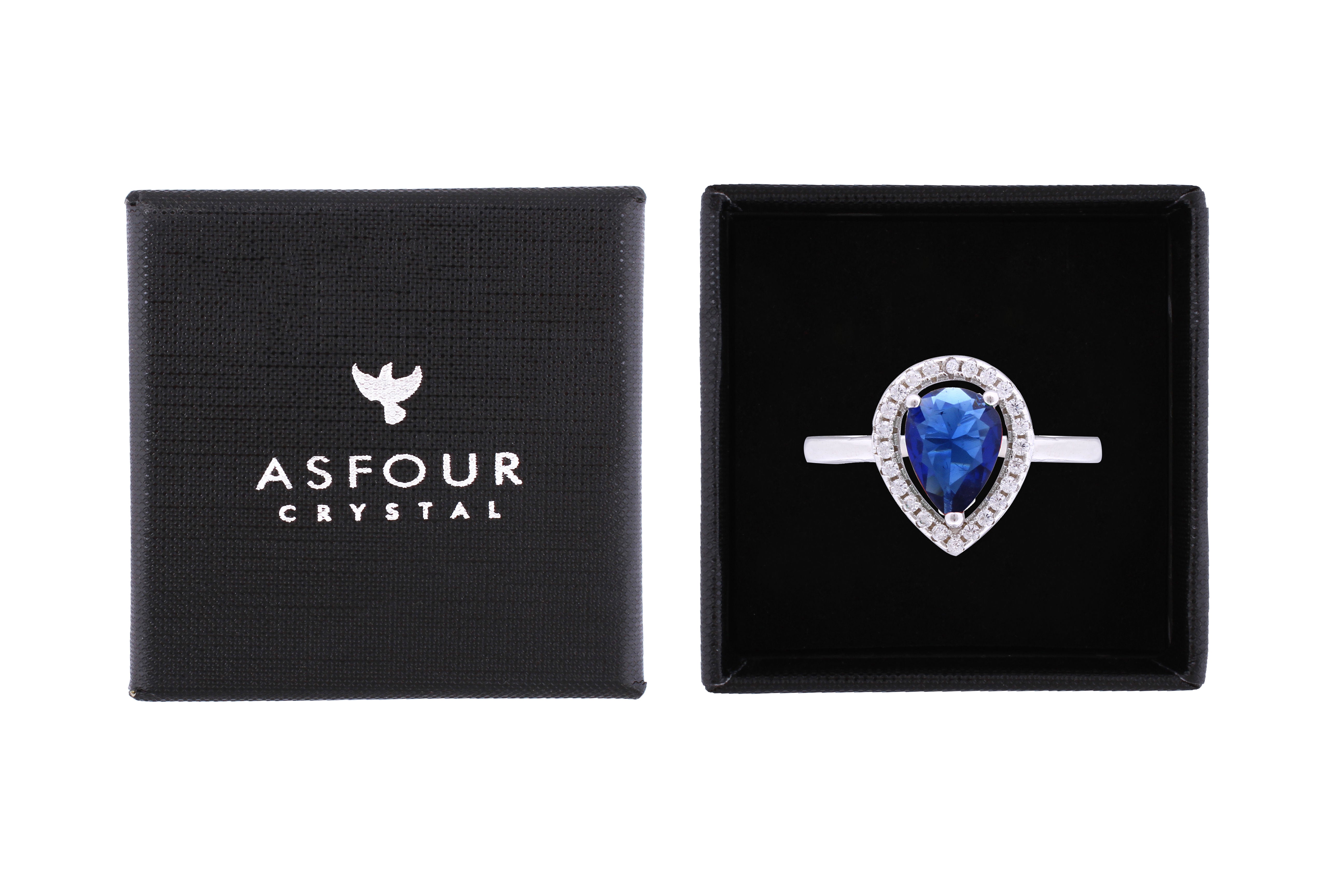 Asfour Crystal Halo Ring With Blue Pear Design In 925 Sterling Silver RD0123-B-8