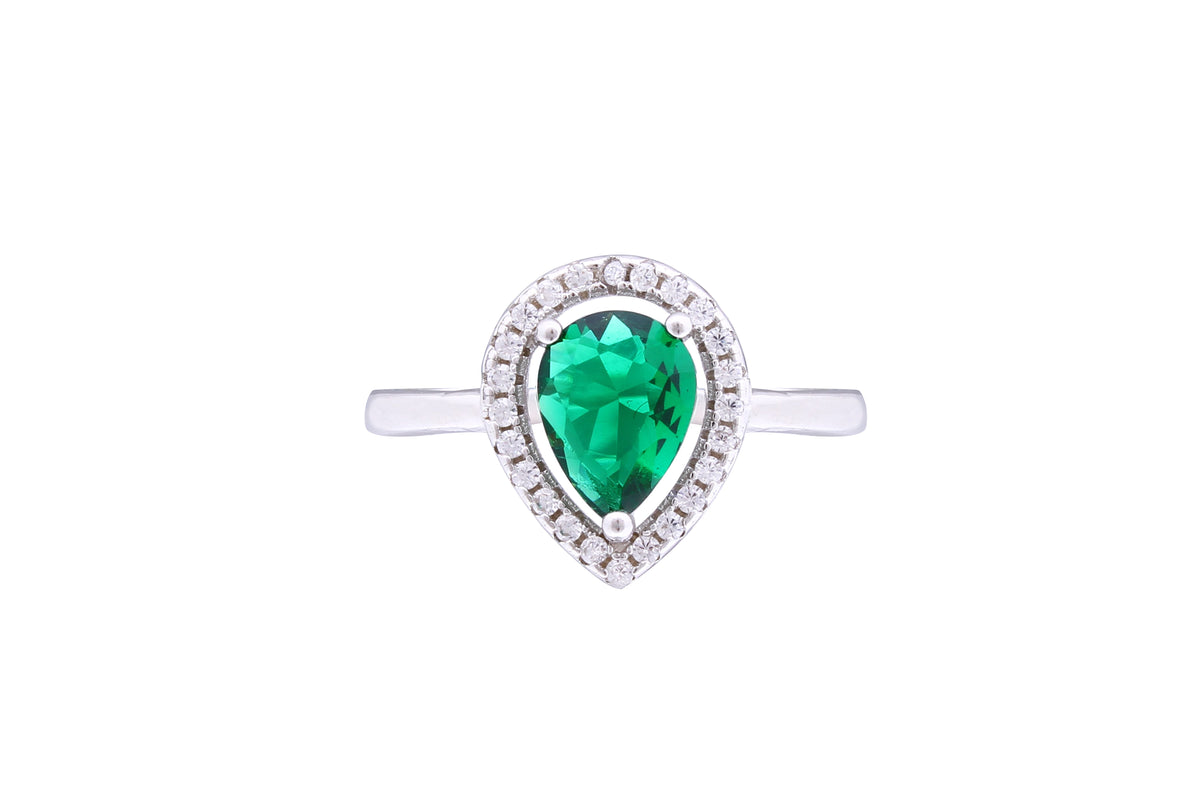 Asfour Crystal Halo Ring With Emerald Pear Design In 925 Sterling Silver RD0123-G-7