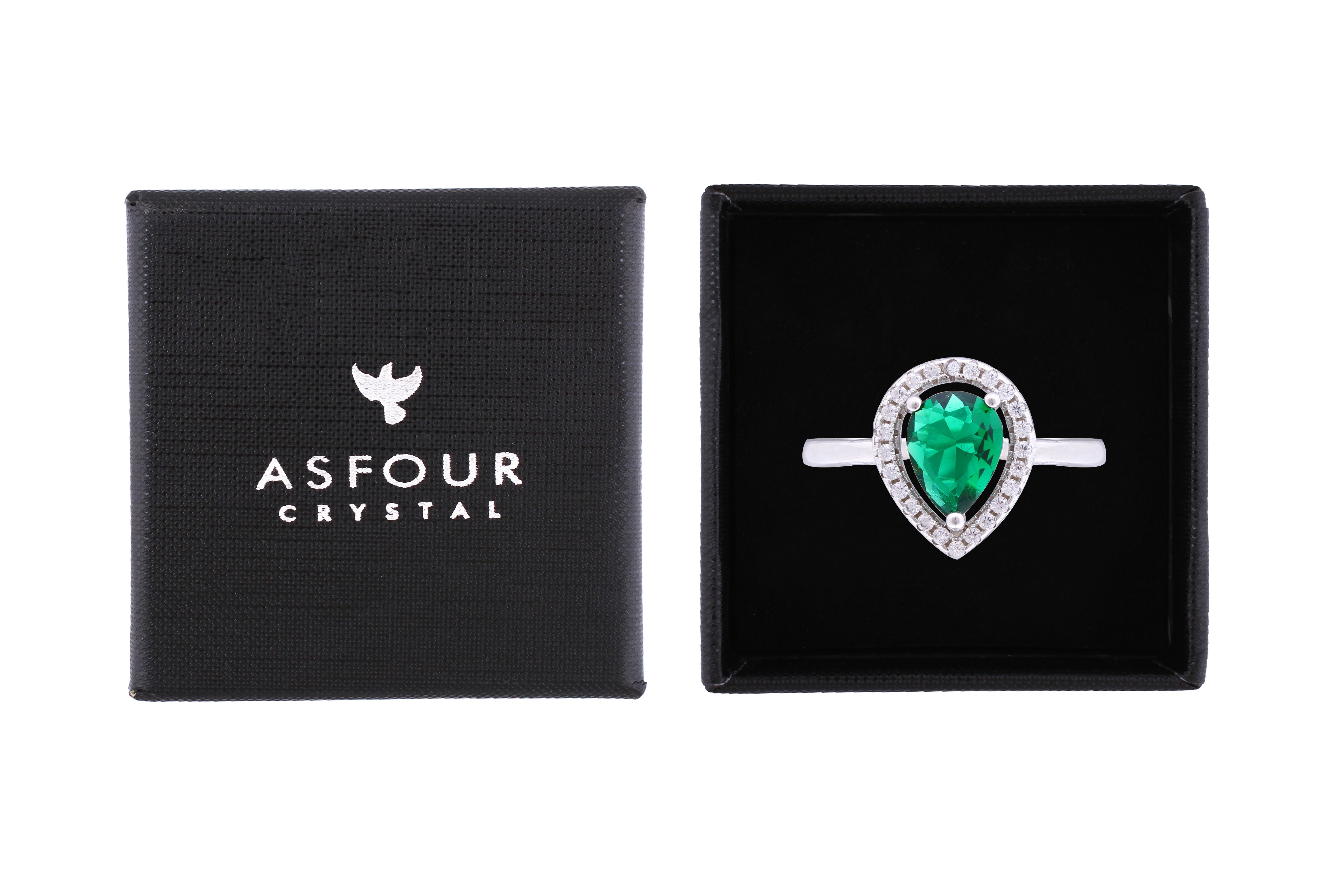 Asfour Crystal Halo Ring With Emerald Pear Design In 925 Sterling Silver RD0123-G-8