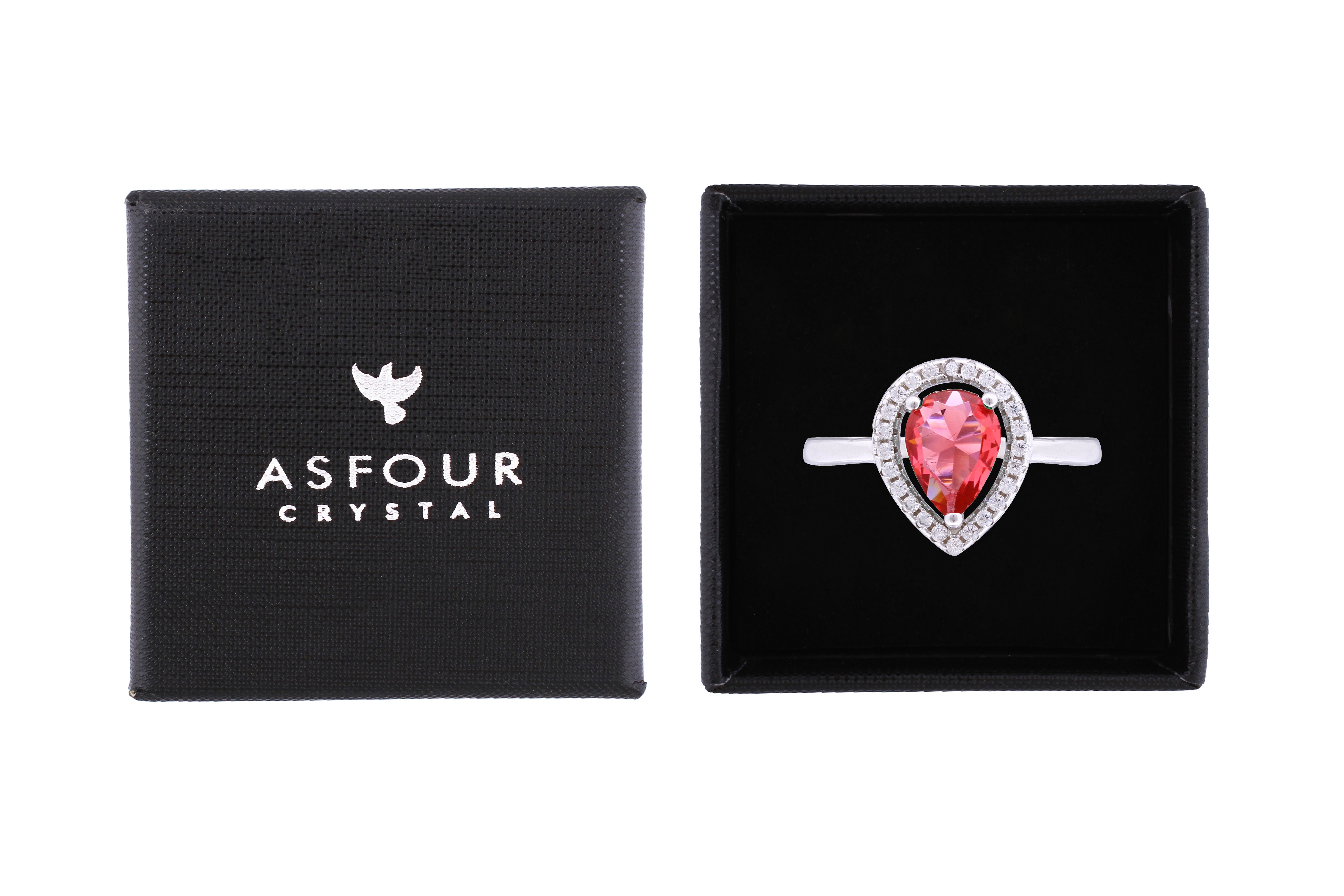 Asfour Crystal Halo Ring With Dark Rose Pear Design In 925 Sterling Silver RD0123-O5-8