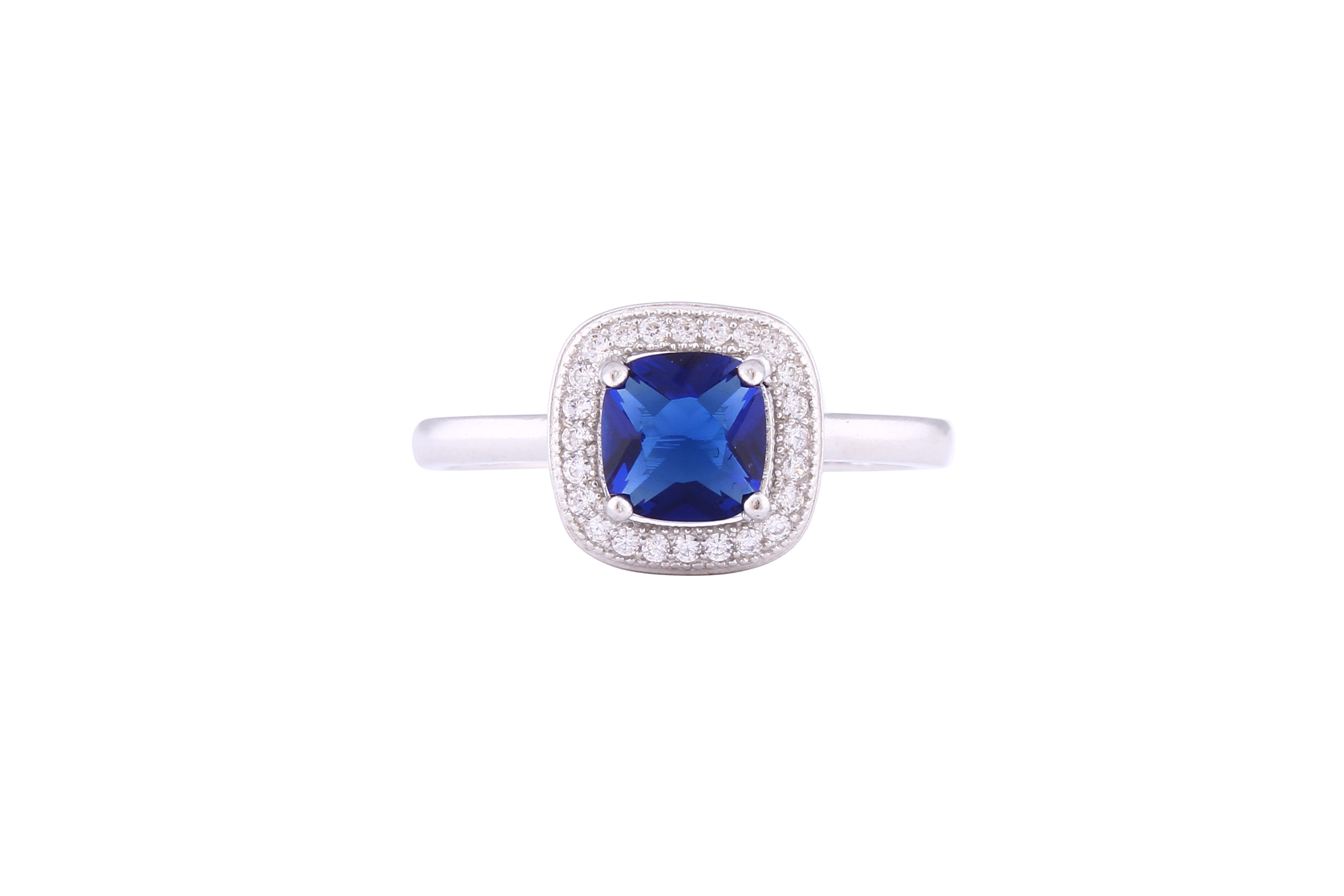 Asfour Crystal Halo Ring With Blue Cushion Cut Zircon Stone In 925 Sterling Silver RD0129-B-7