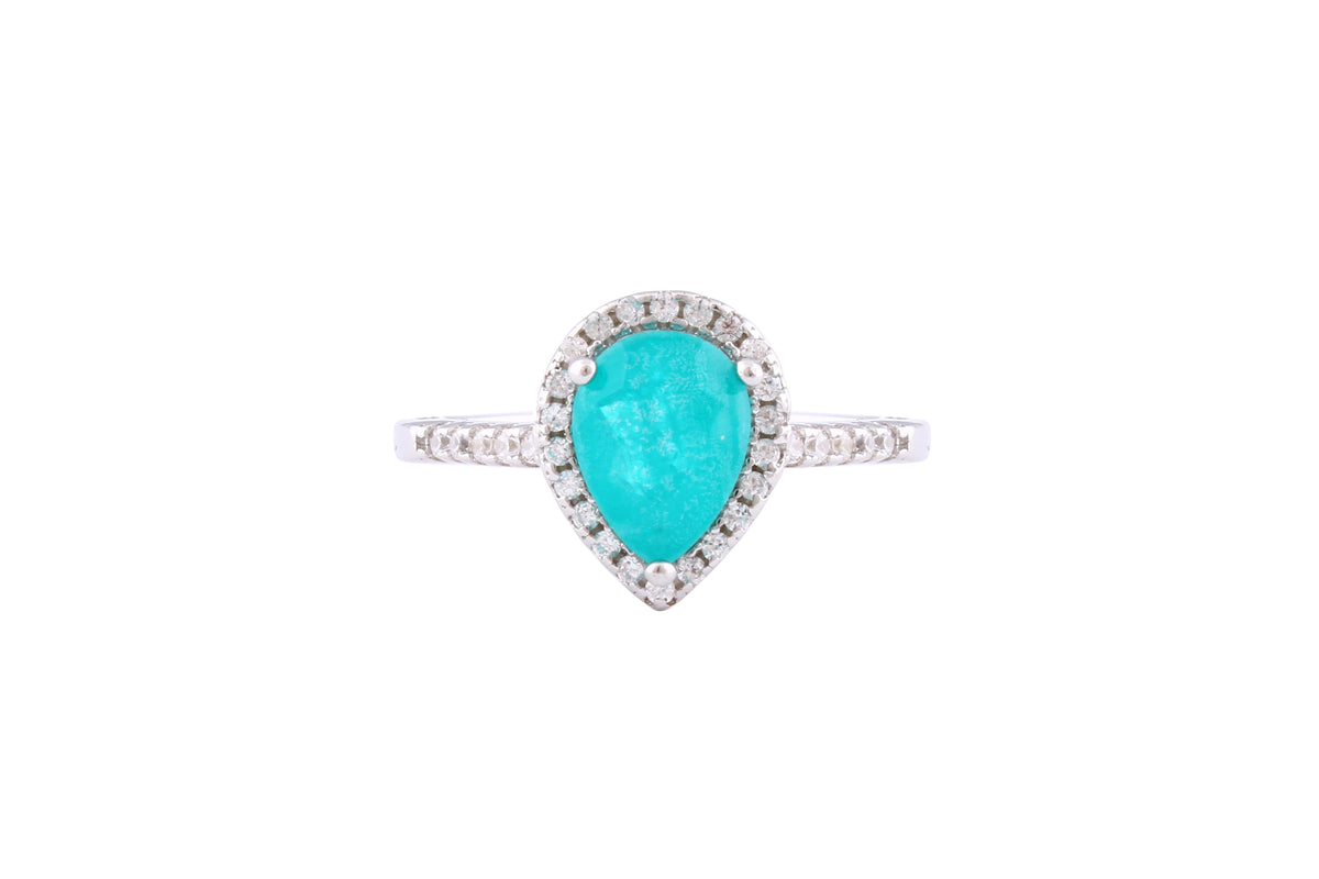 Asfour Crystal Halo Ring With Turquoise Pear Design In 925 Sterling Silver-RD0132-GC-7