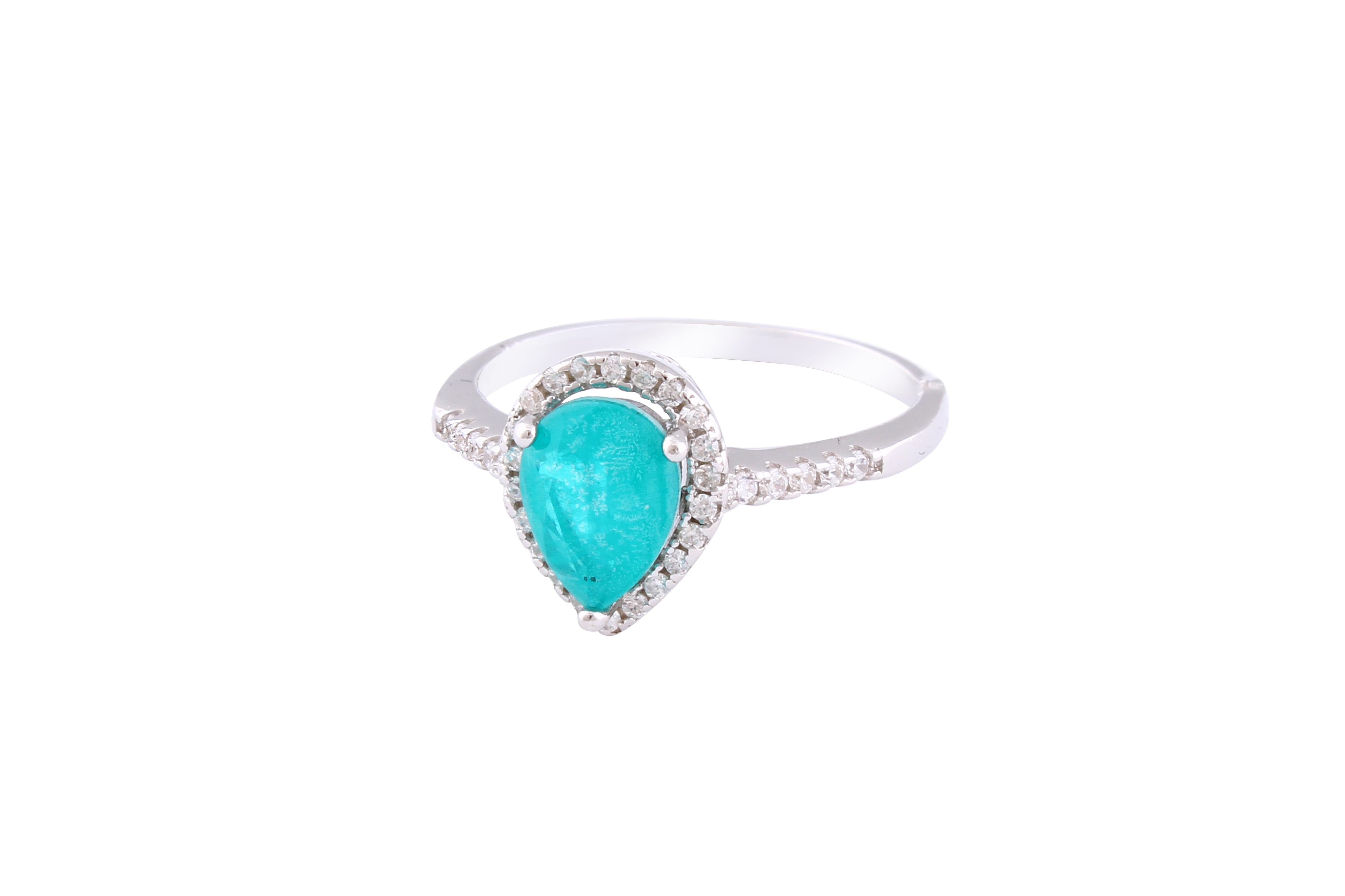 Asfour Crystal Halo Ring With Turquoise Pear Design In 925 Sterling Silver-RD0132-GC-7