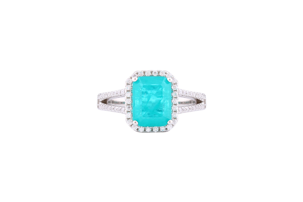 Asfour Crystal Split Shank Ring With Turquoise Emerald Stone In 925 Sterling Silver-RD0133-GC-7