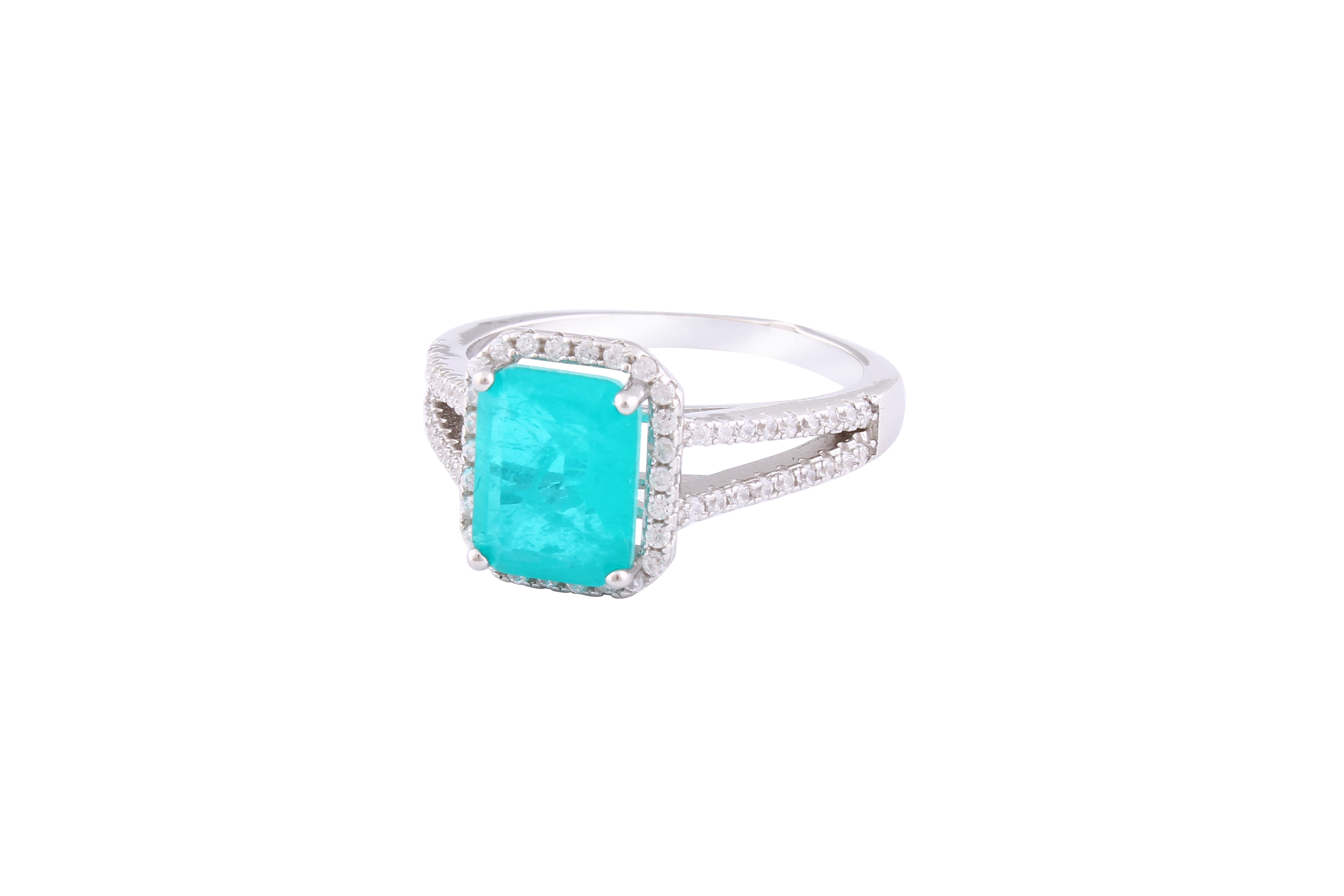 Asfour Crystal Split Shank Ring With Turquoise Emerald Stone In 925 Sterling Silver-RD0133-GC-7