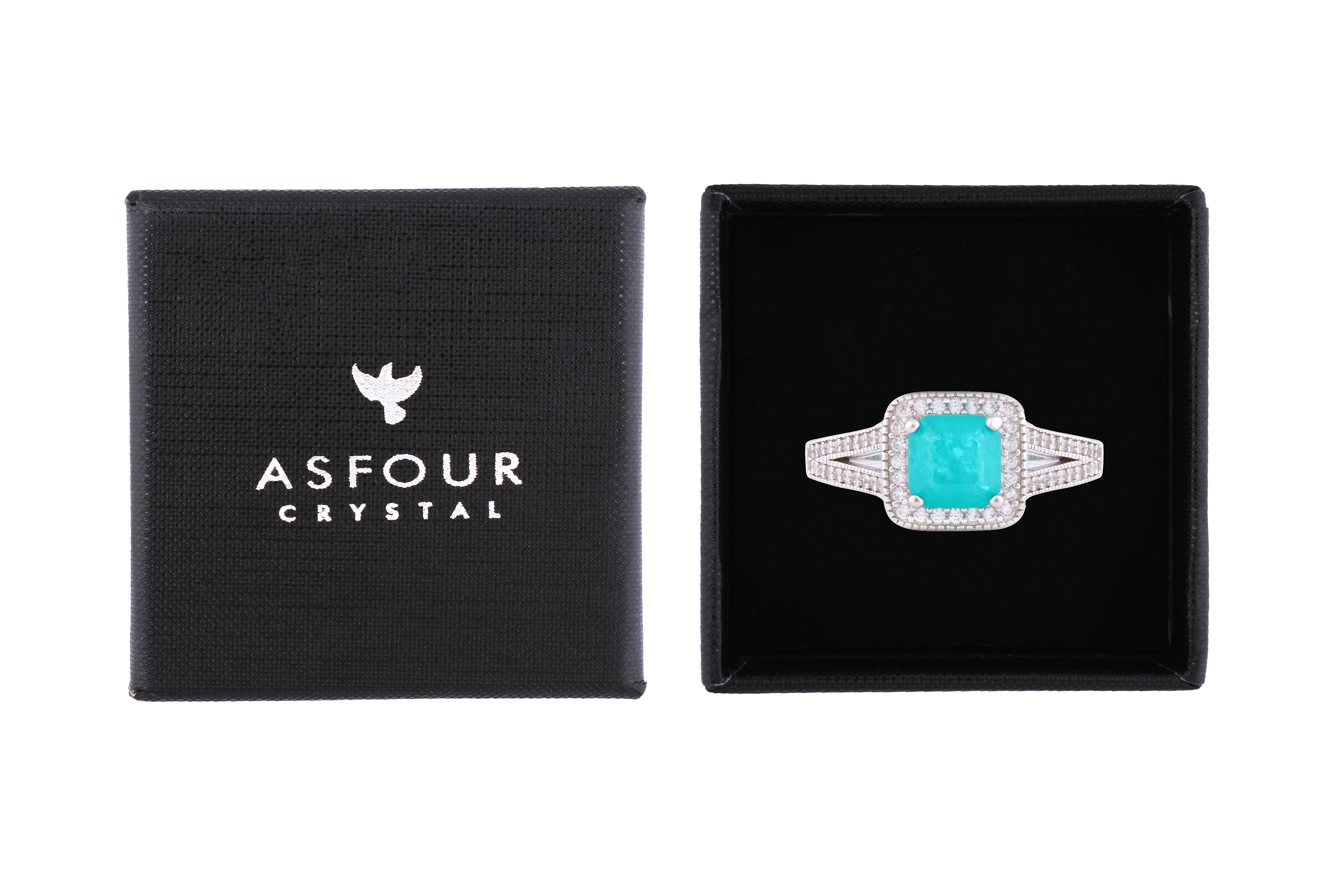 Asfour Crystal Split Shank Ring With Turquoise Ascher Cut Zircon In 925 Sterling Silver-RD0134-GC-7