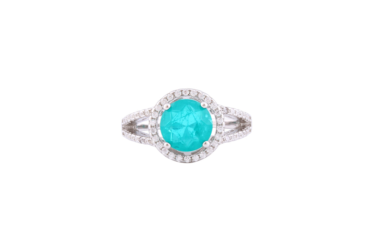 Asfour Crystal Split Shank Ring With Halo Turquoise Zircon Stone In 925 Sterling Silver-RD0135-GC-7