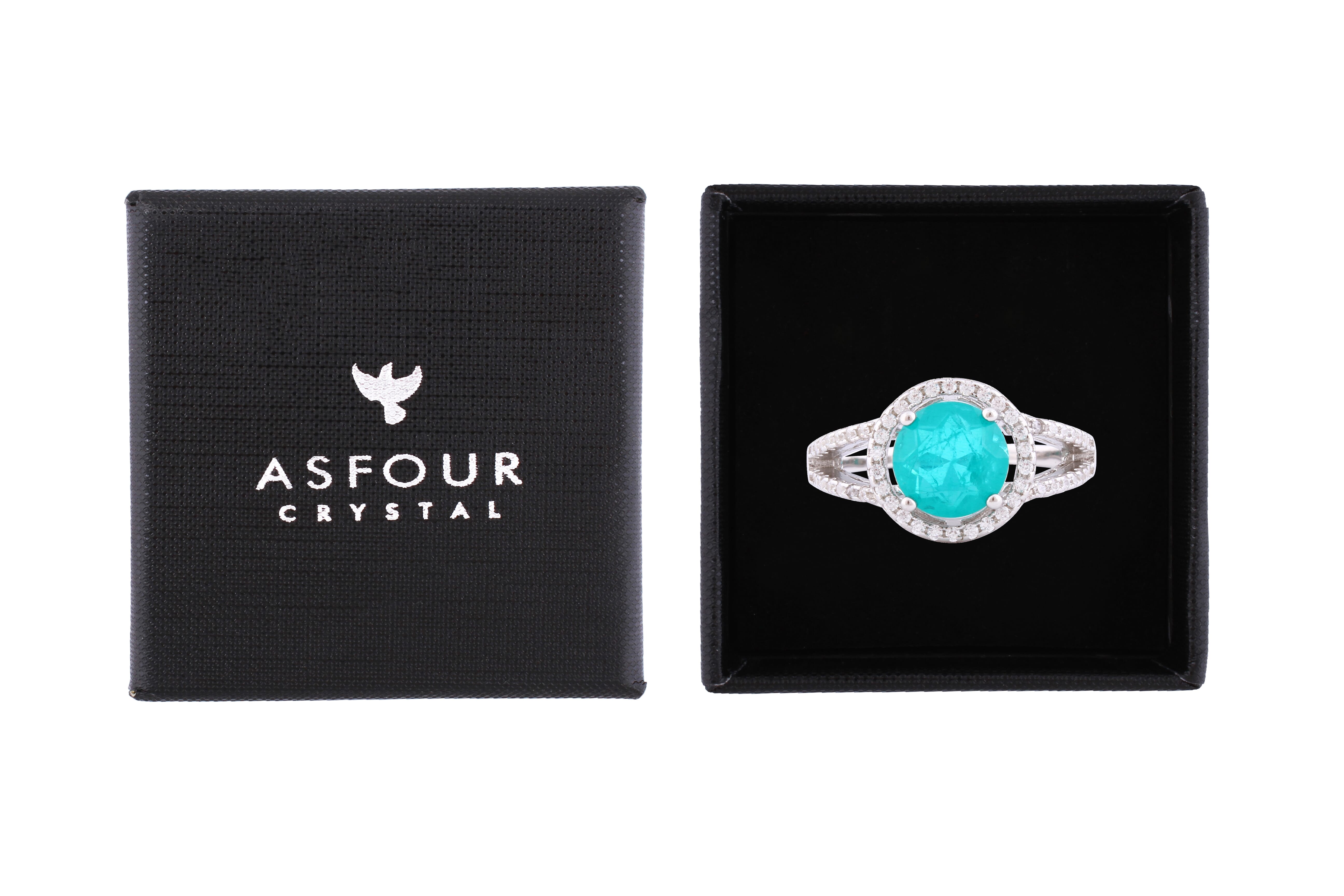 Asfour Crystal Split Shank Ring With Halo Turquoise Zircon Stone In 925 Sterling Silver-RD0135-GC-7