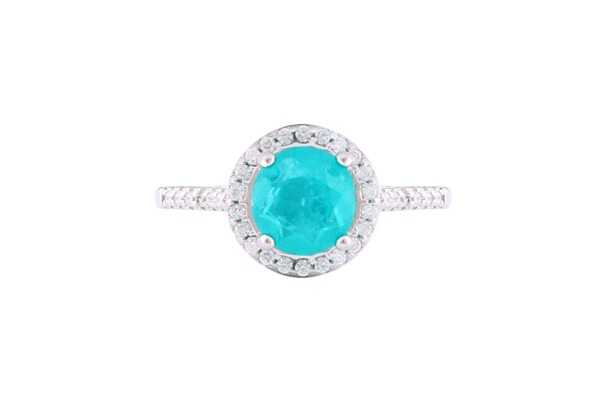 Asfour Crystal Halo Ring With Turquoise Round Zircon In 925 Sterling Silver-RD0137-GC-7