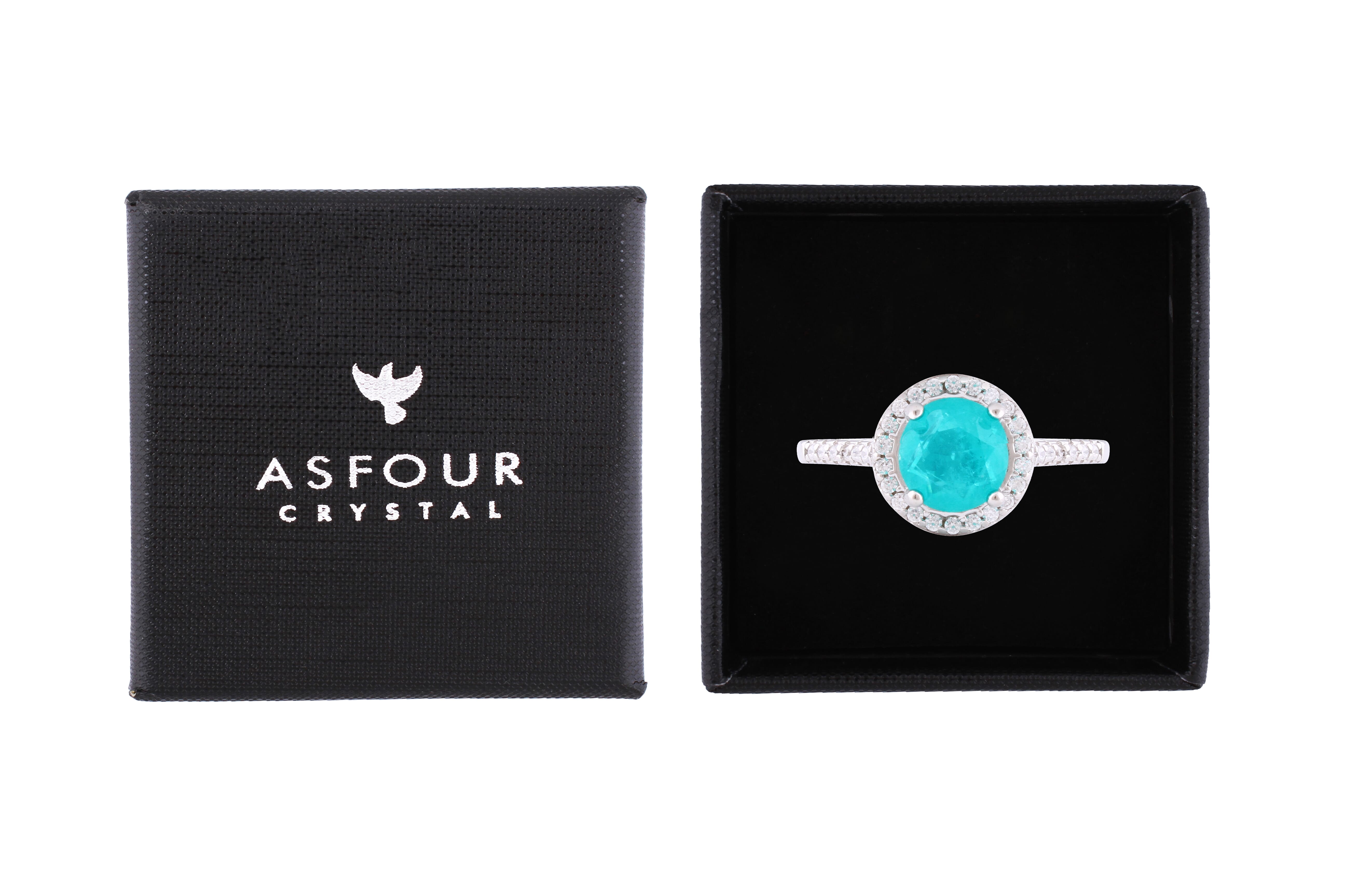 Asfour Crystal Halo Ring With Turquoise Round Zircon In 925 Sterling Silver-RD0137-GC-7