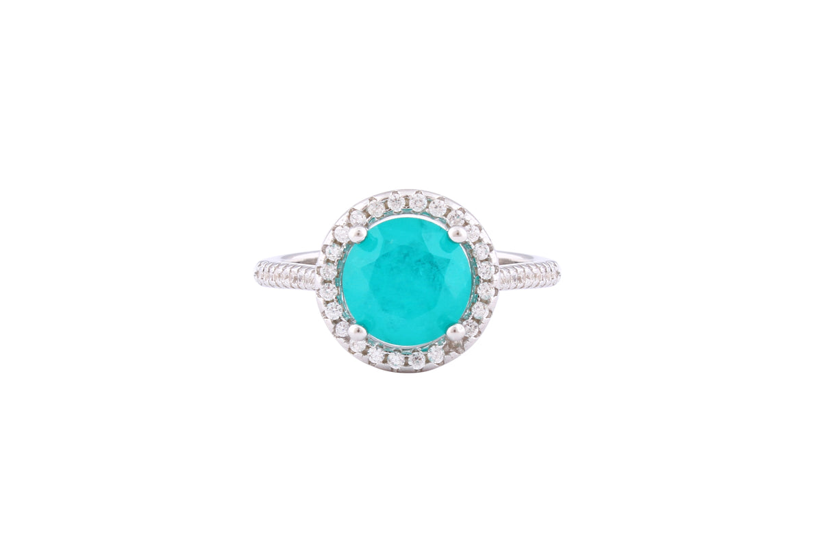 Asfour Crystal Halo Ring With Turquoise Round Zircon In 925 Sterling Silver-RD0138-GC-7