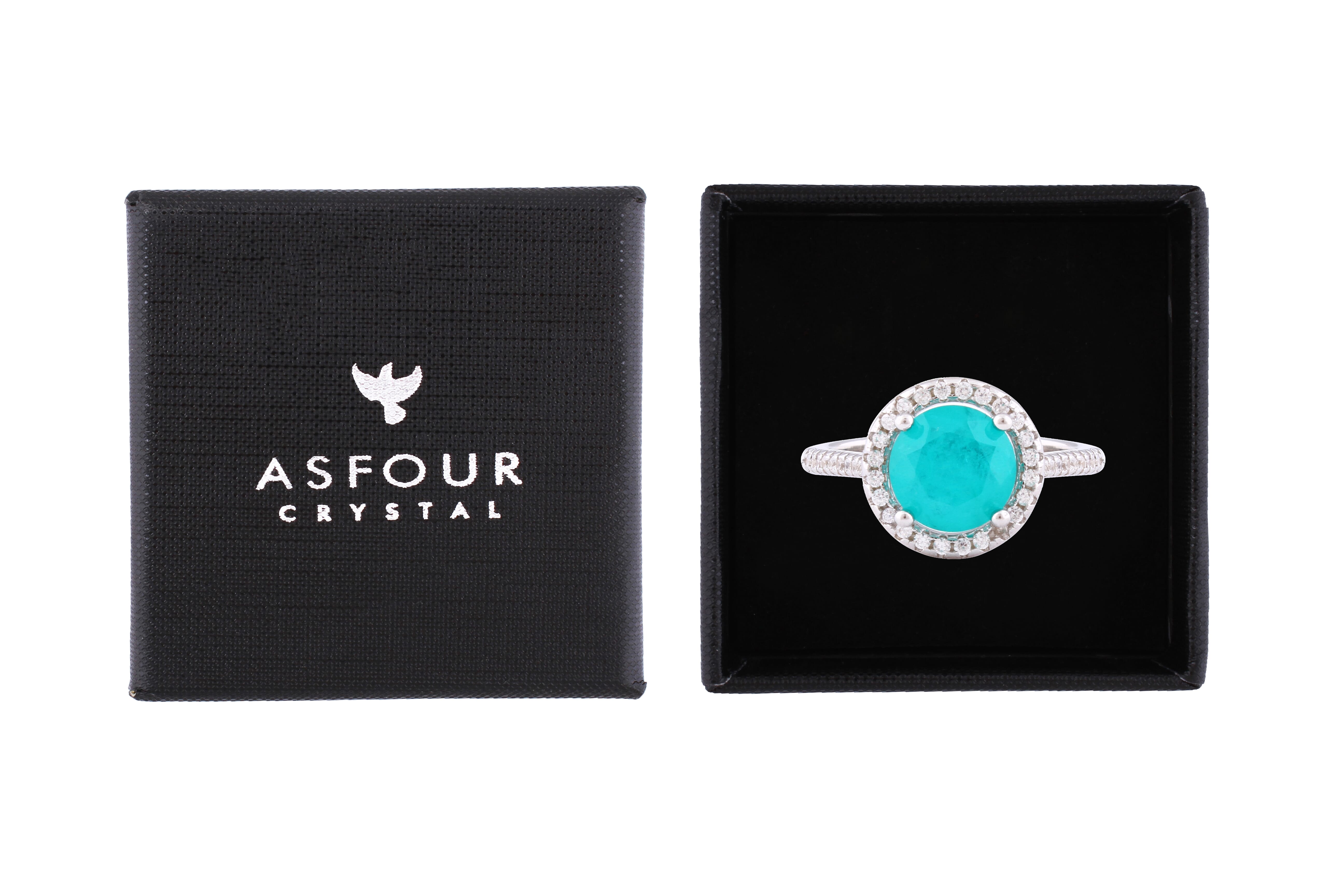 Asfour Crystal Halo Ring With Turquoise Round Zircon In 925 Sterling Silver-RD0138-GC-7