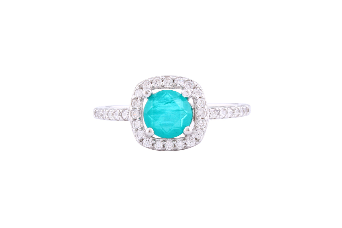 Asfour Crystal Halo Ring With Turquoise Round Zircon In 925 Sterling Silver-RD0139-GC-7