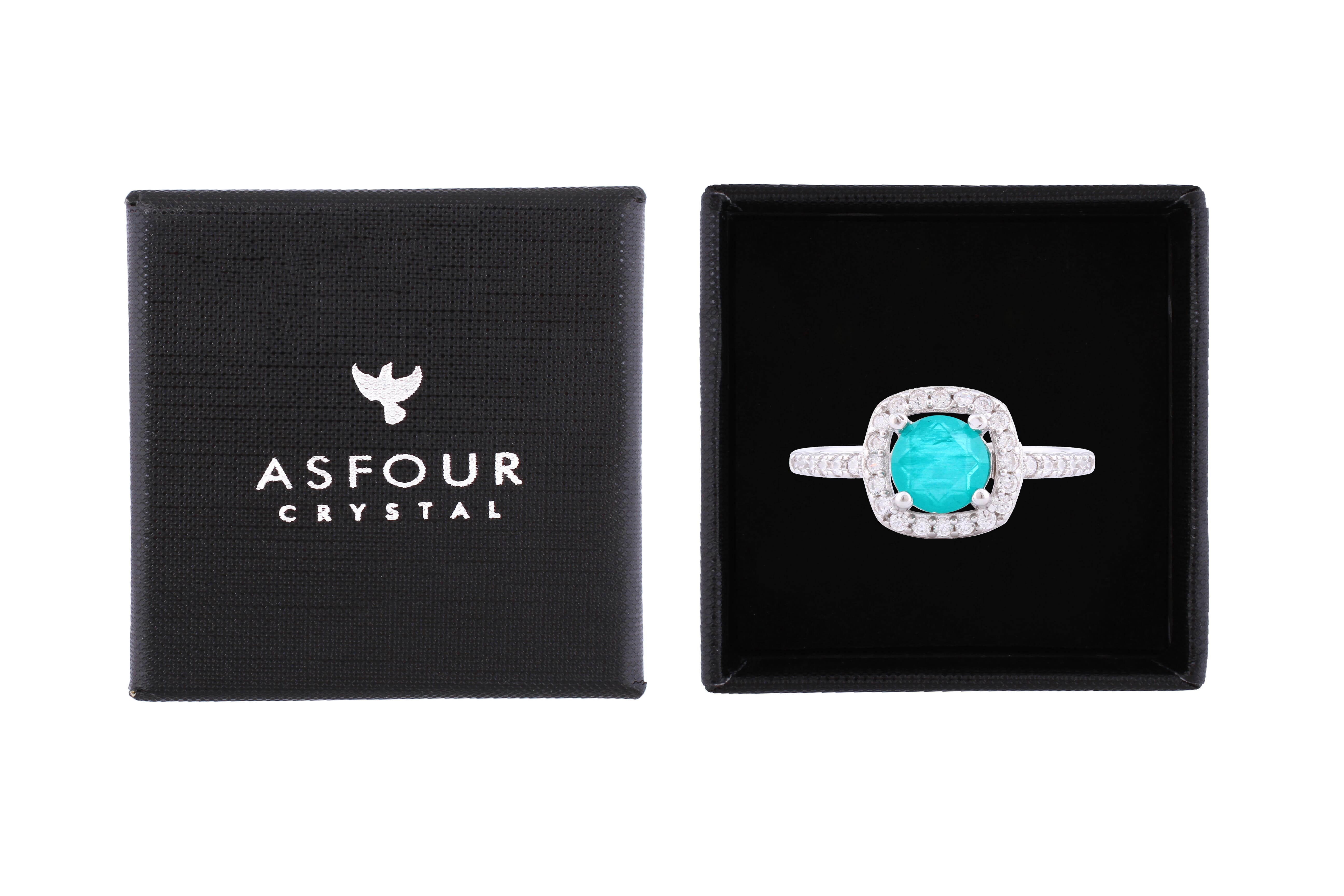 Asfour Crystal Halo Ring With Turquoise Round Zircon In 925 Sterling Silver-RD0139-GC-7