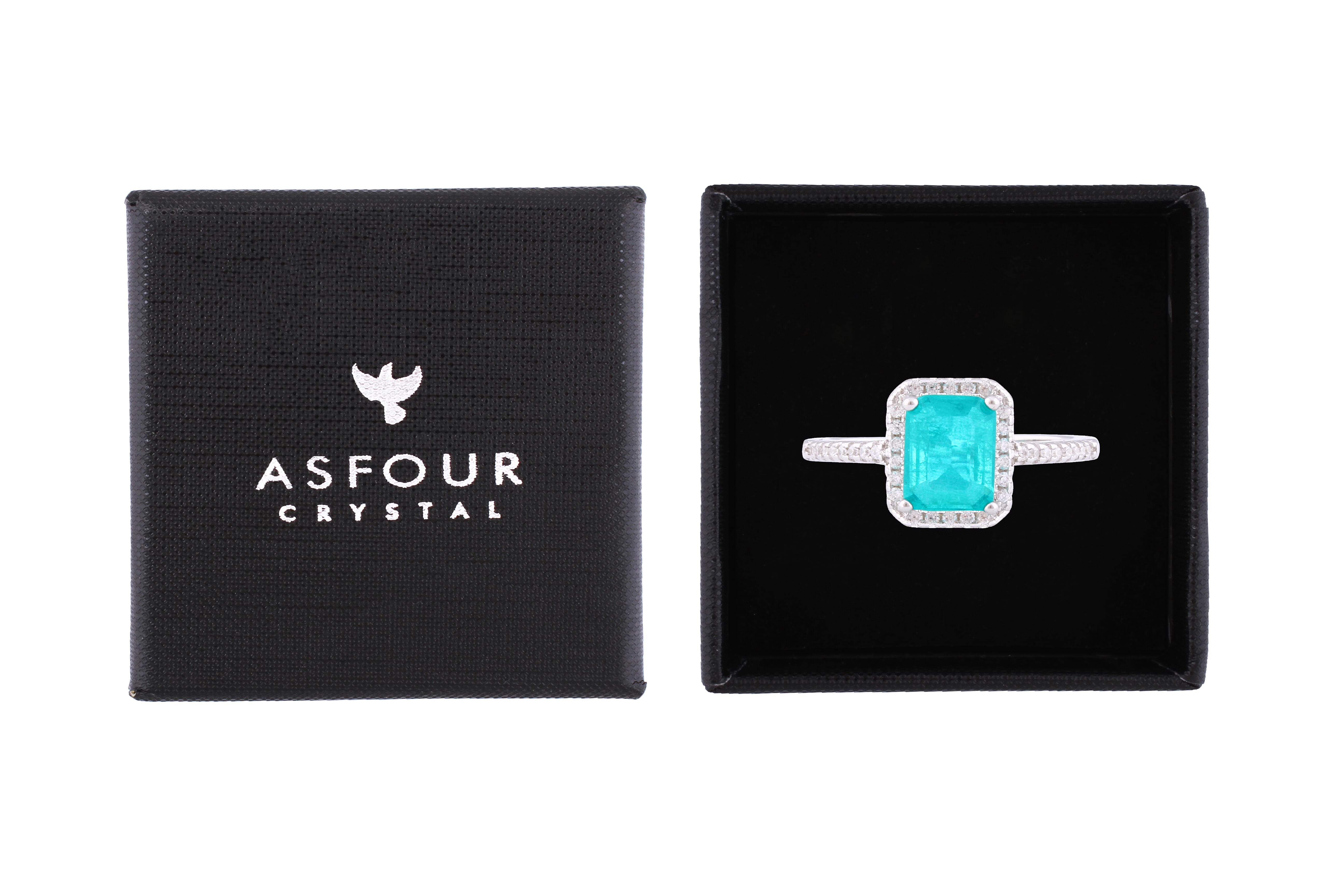 Asfour Crystal Drew Ring With Turquoise Emerald Cut Stone In 925 Sterling Silver-RD0140-GC-7