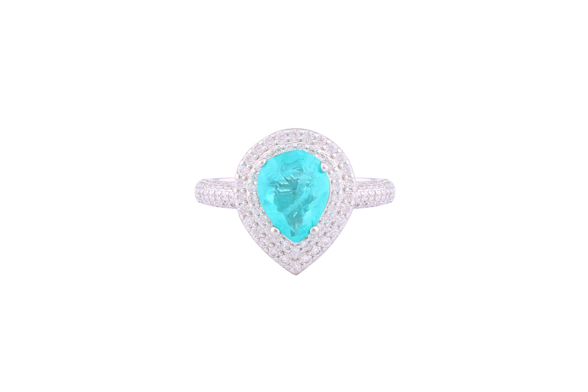 Asfour Crystal Halo Ring With Turquoise Pear Design In 925 Sterling Silver-RD0141-GC-7