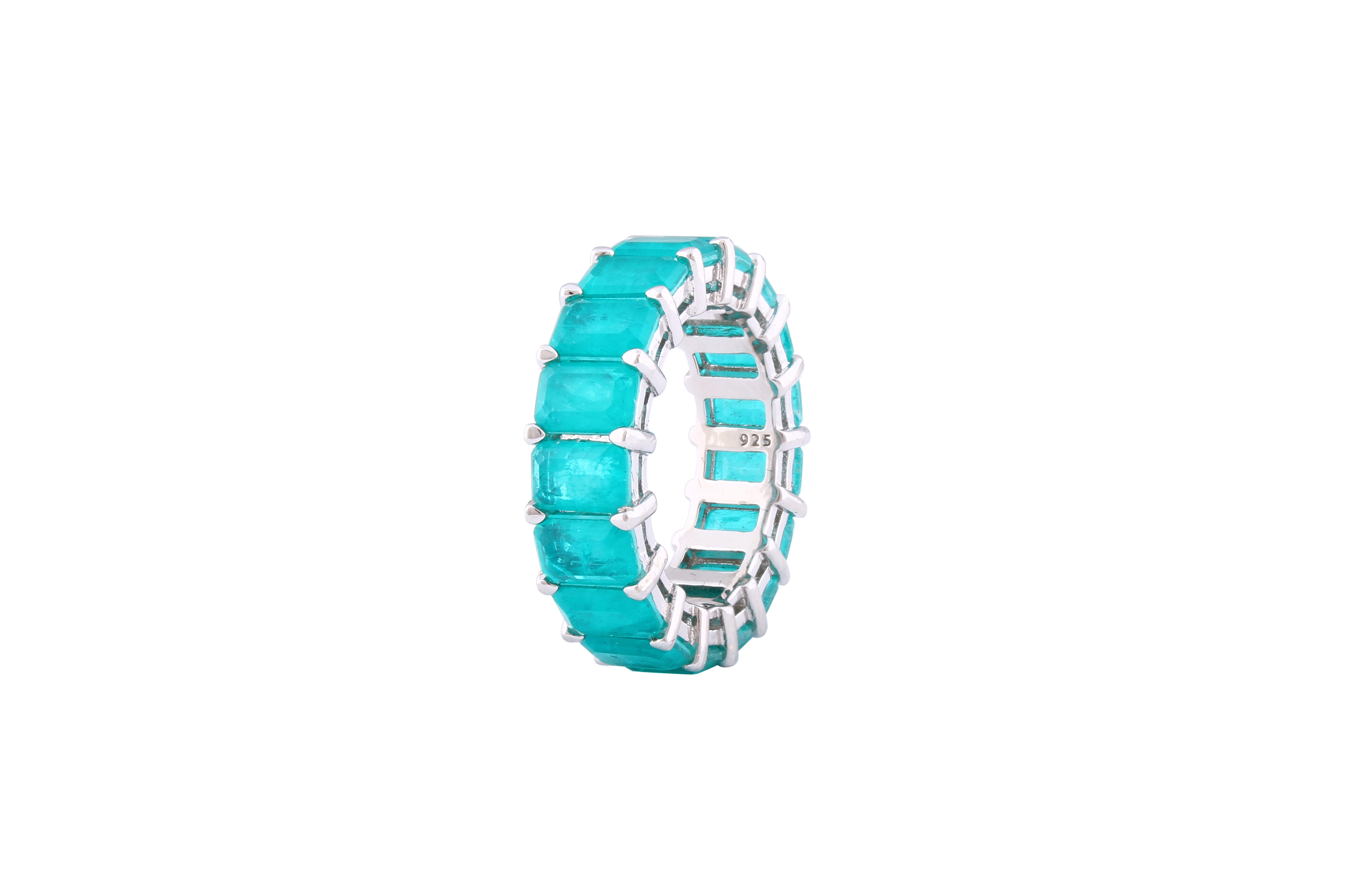 Asfour Crystal Band Ring With Emerald Cut Turquoise Stones In 925 Sterling Silver-RD0142-GC-7