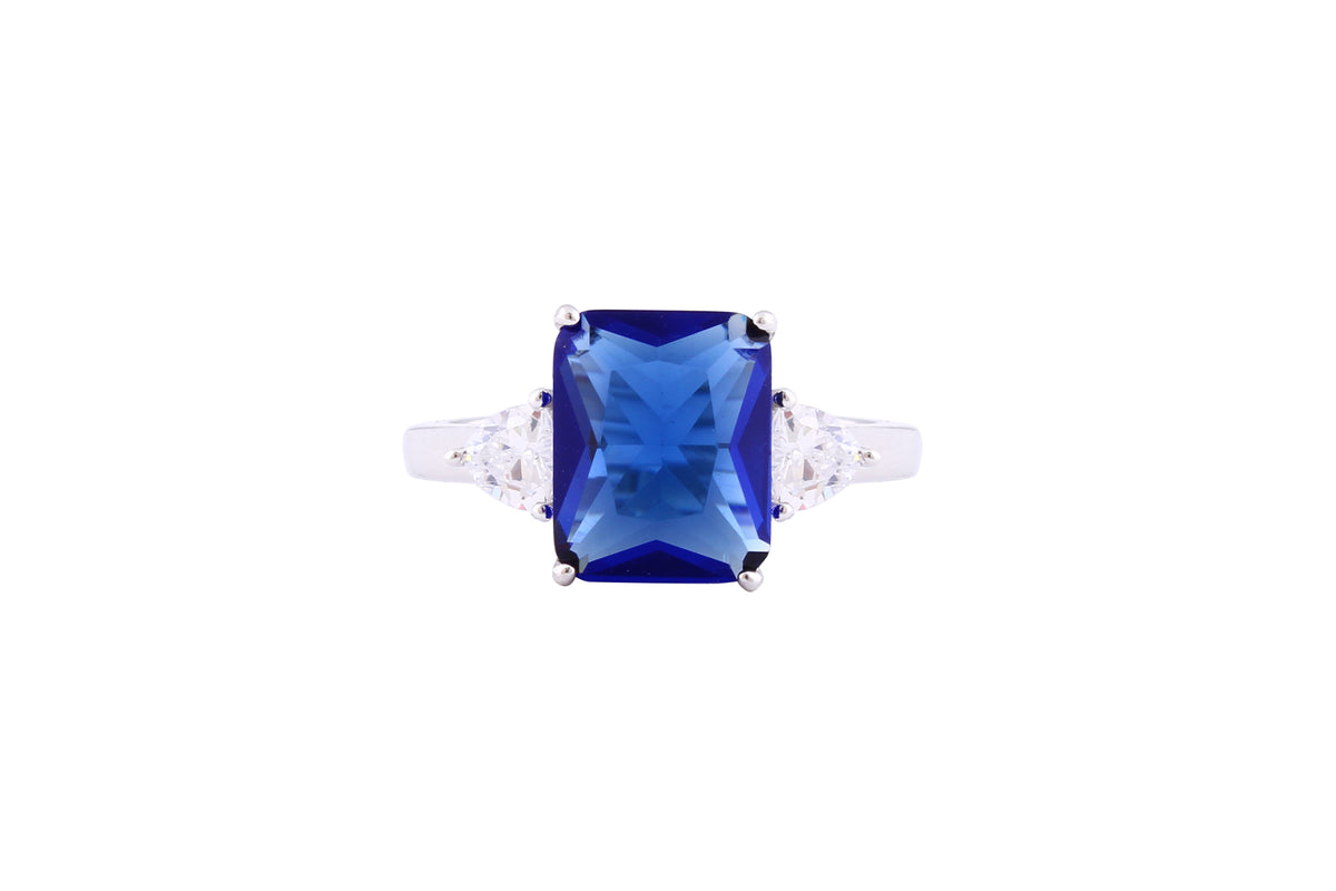 Asfour Crystal Three Stone Ring With Blue Emerald Cut Zircon In 925 Sterling Silver-RD0143-B-8