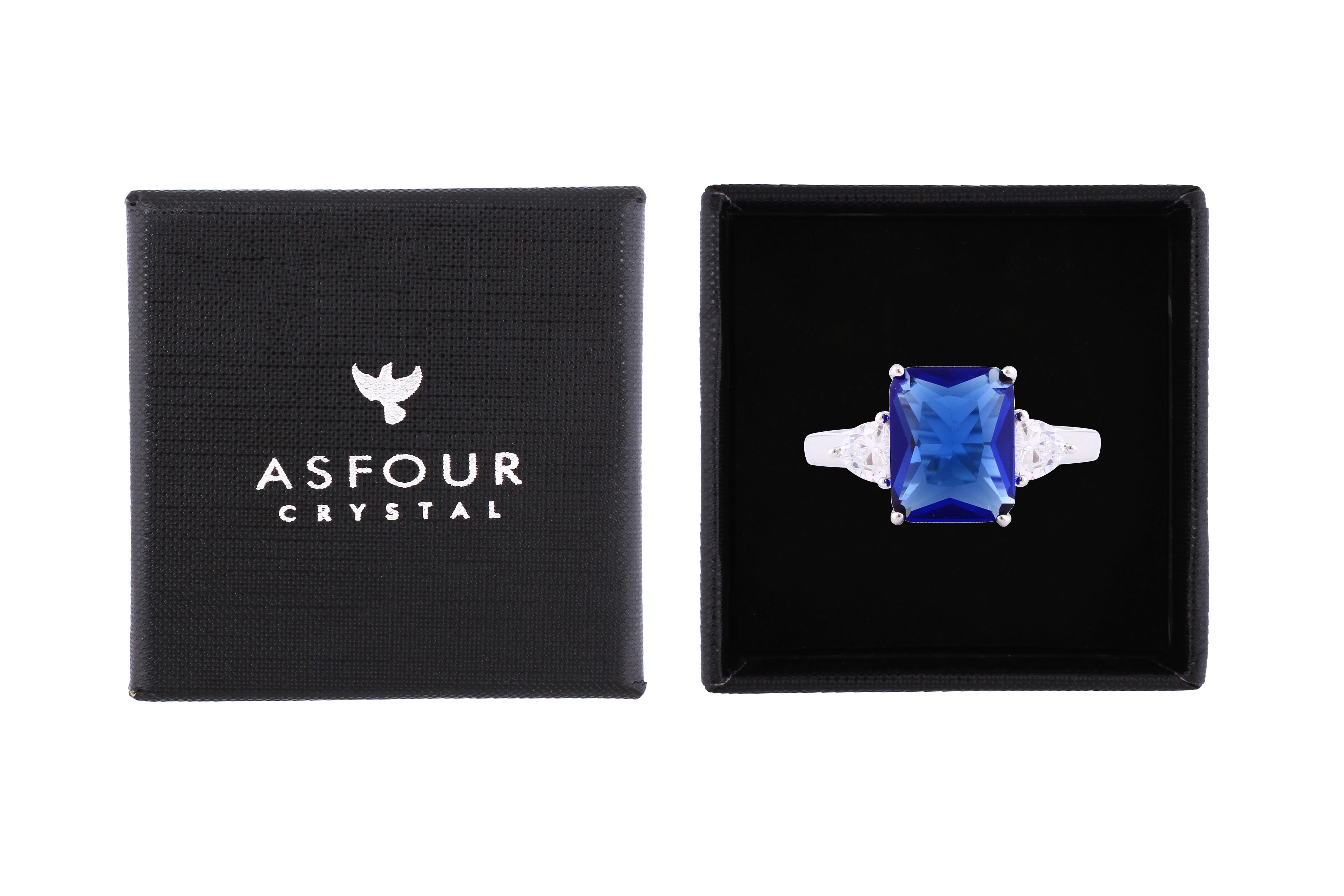 Asfour Crystal Three Stone Ring With Blue Emerald Cut Zircon In 925 Sterling Silver-RD0143-B-8