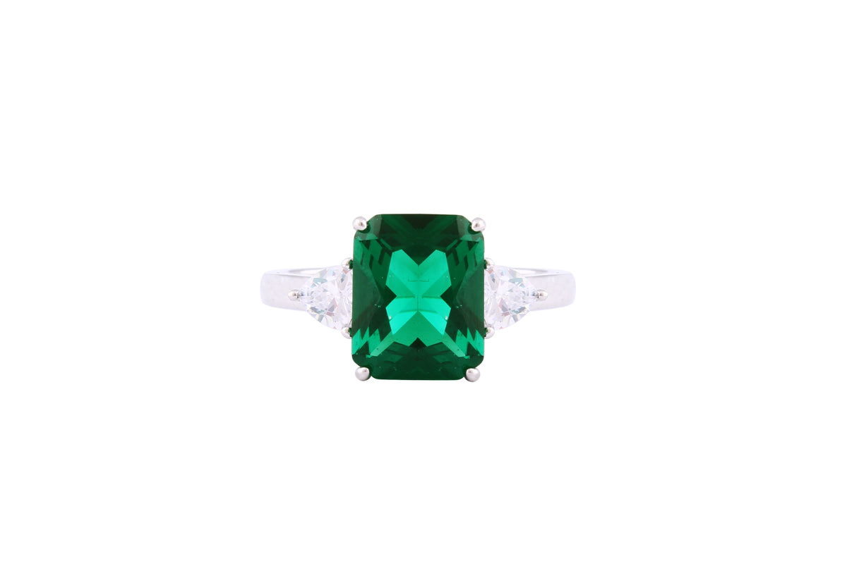 Asfour Crystal Three Stone Ring With Emerald Zircon In 925 Sterling Silver-RD0143-G-7