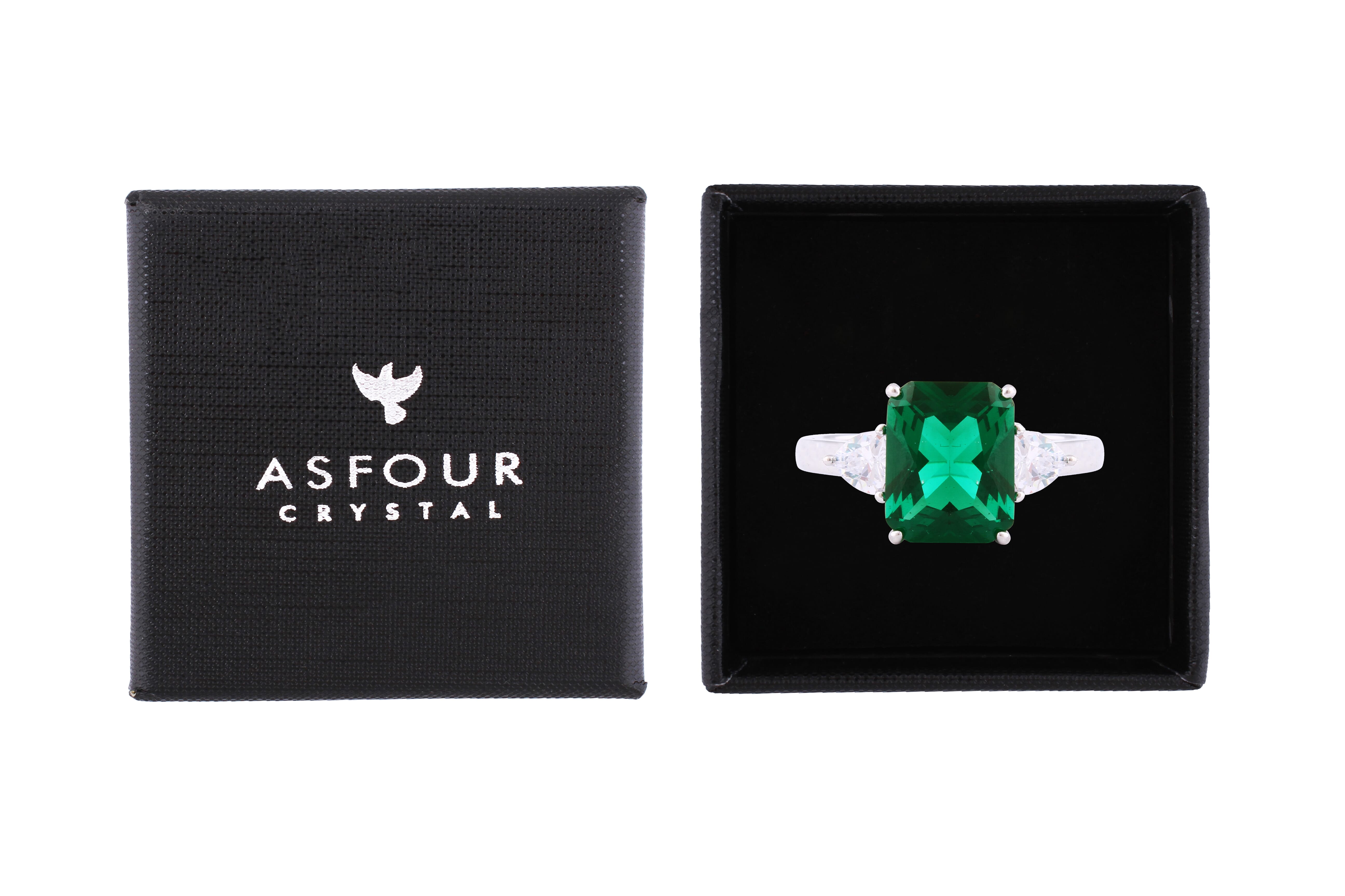 Asfour Crystal Three Stone Ring With Emerald Zircon In 925 Sterling Silver-RD0143-G-7