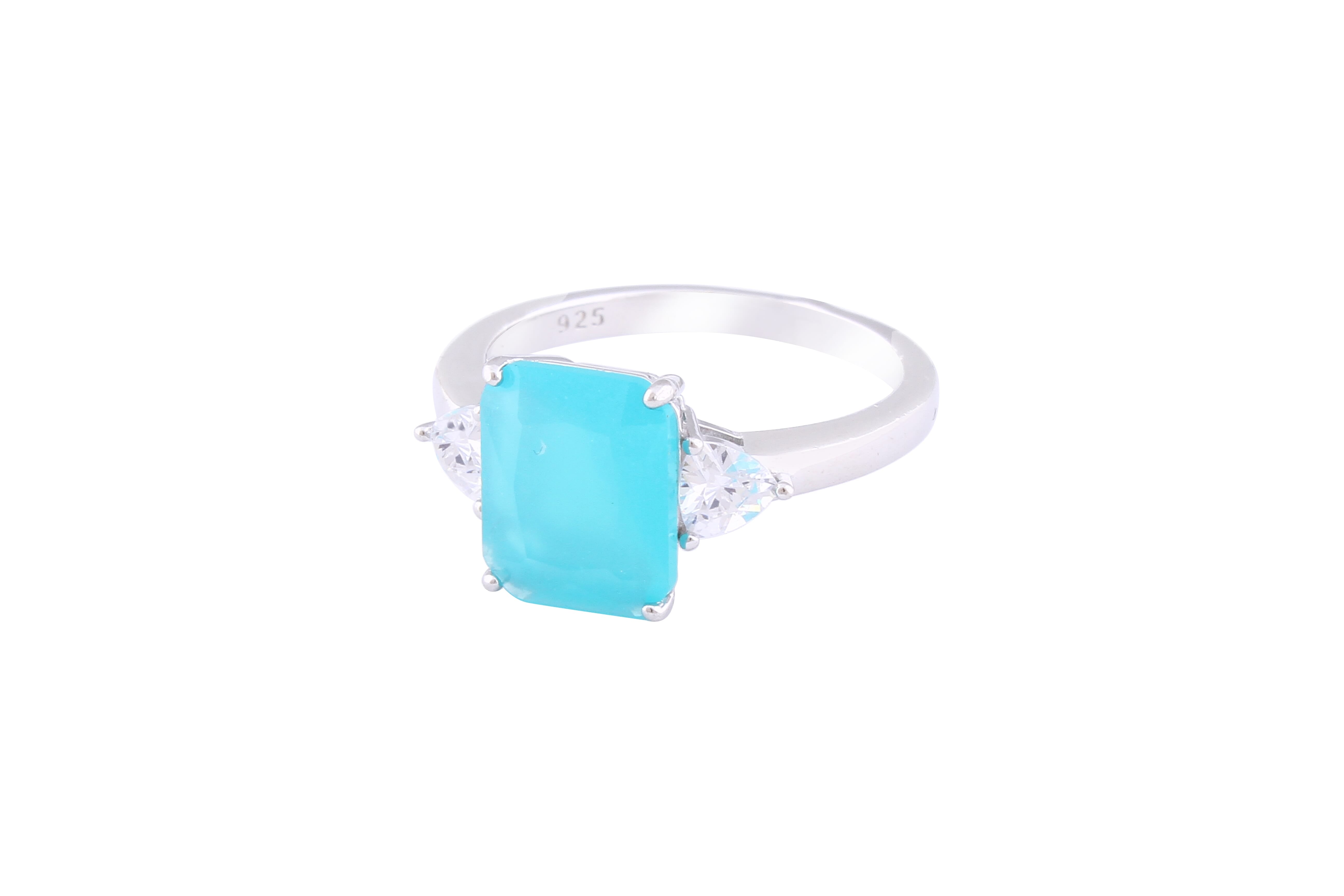 Asfour Crystal Three Stone Ring With Aquamarine Emerald Cut Zircon In 925 Sterling Silver-RD0143-MM-7